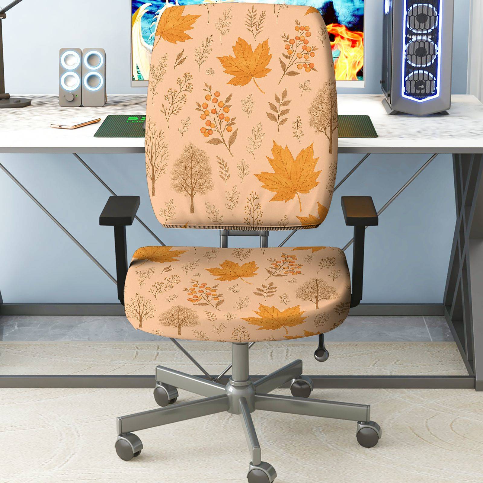 2-Piece Autumn Leaves Floral Nature Pattern  Computer Chair Cover Set, Seat and Backrest