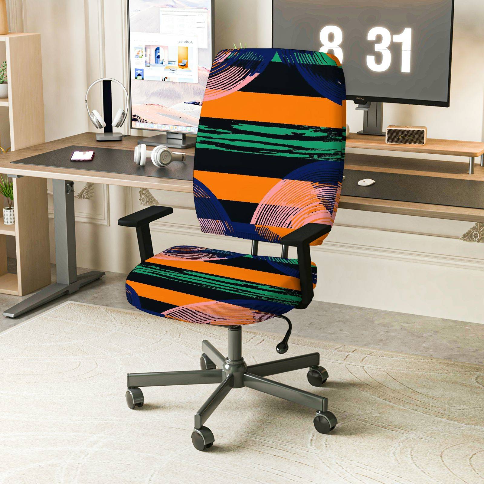 2-Piece Abstract Geometric Stripe Colorful Pattern  Computer Chair Cover Set, Seat and Backrest