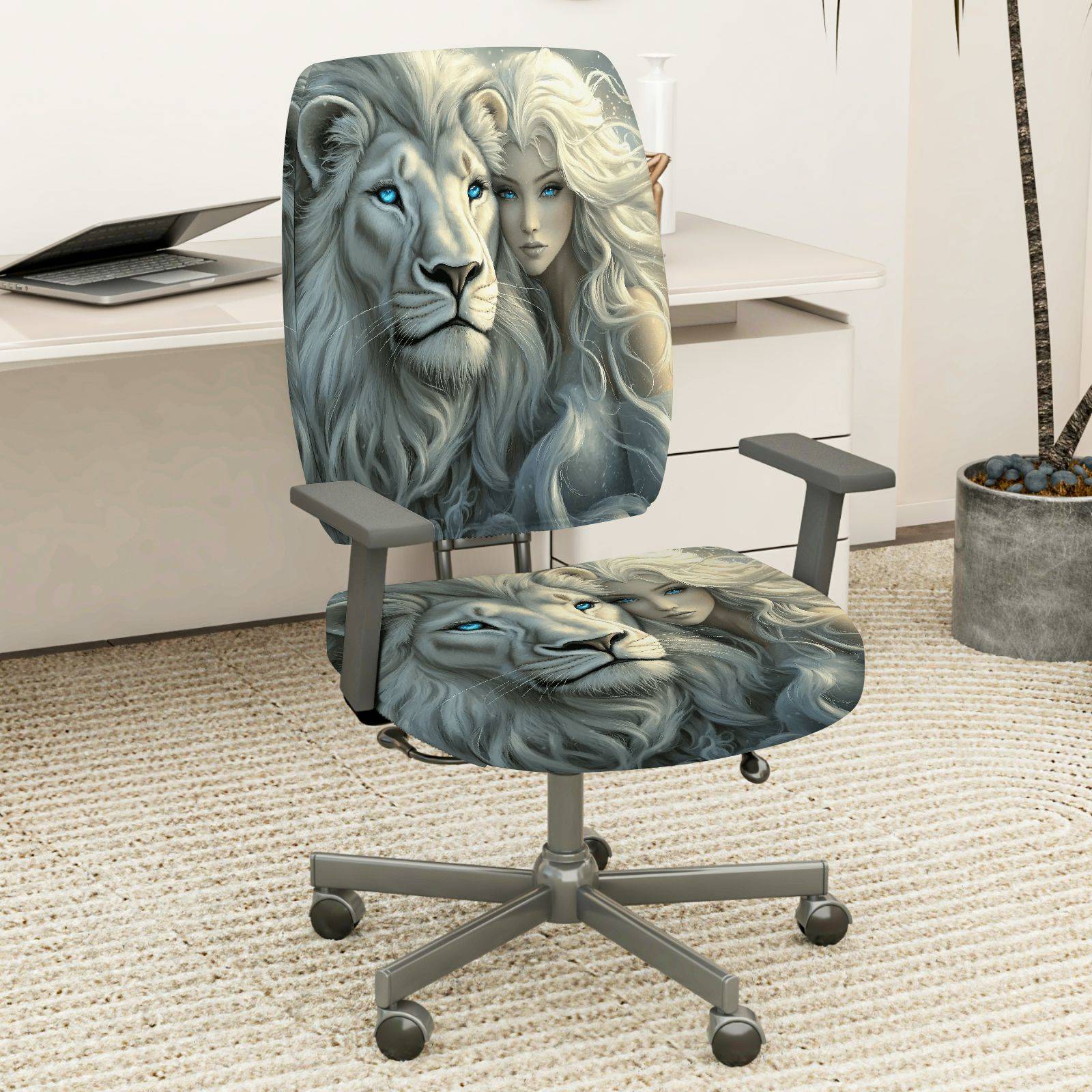 2-Piece Lion Animal Art  Computer Chair Cover Set, Seat and Backrest