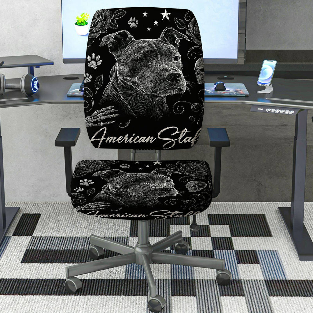 2-Piece American Staff Pitbull Skull Gothic Rose  Computer Chair Cover Set, Seat and Backrest