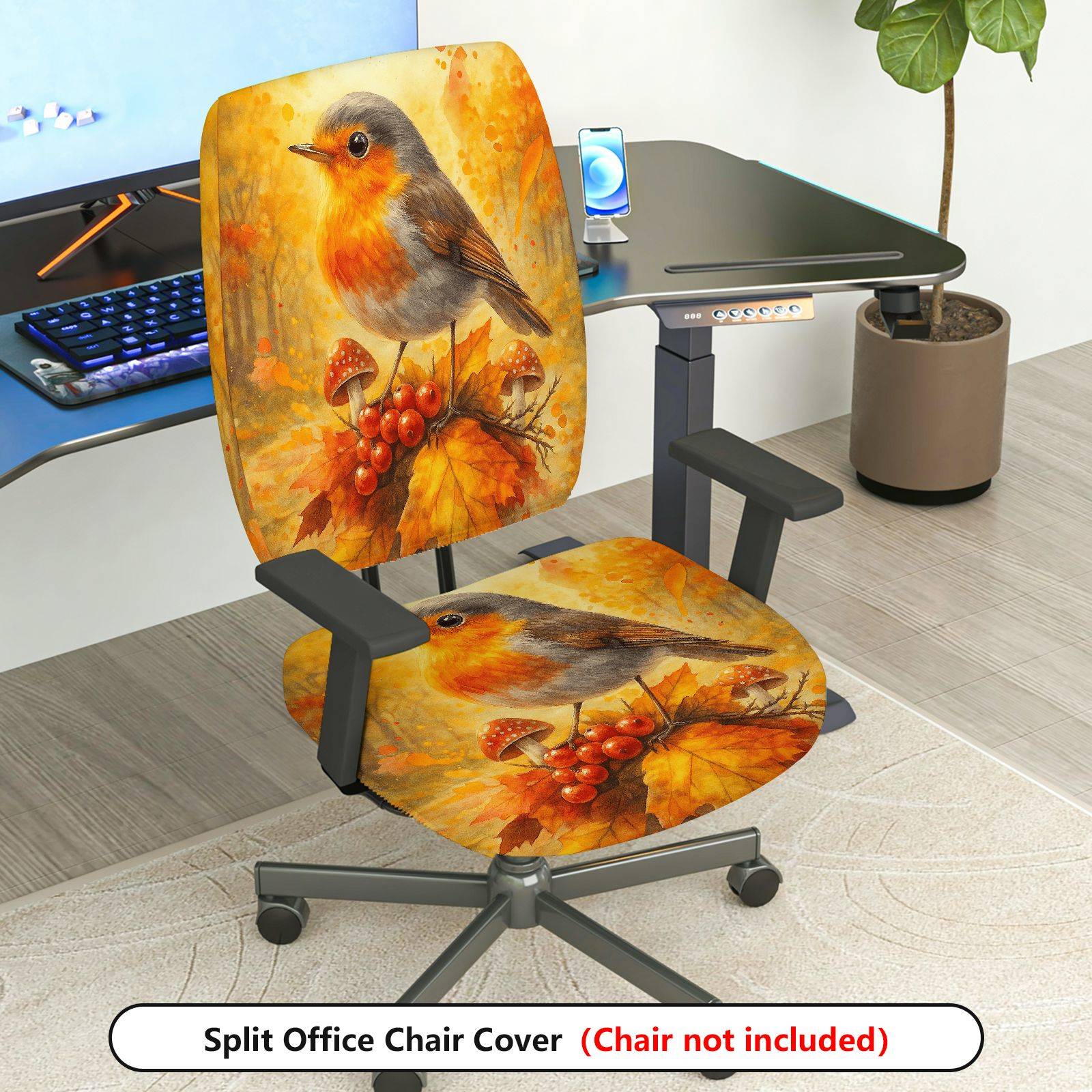 2-Piece Autumn Bird Mushroom Nature Artistic  Computer Chair Cover Set, Seat and Backrest