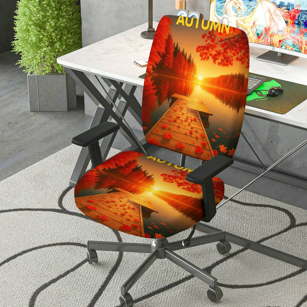 2-Piece Autumn Sunset Lake Nature Scenery  Computer Chair Cover Set, Seat and Backrest