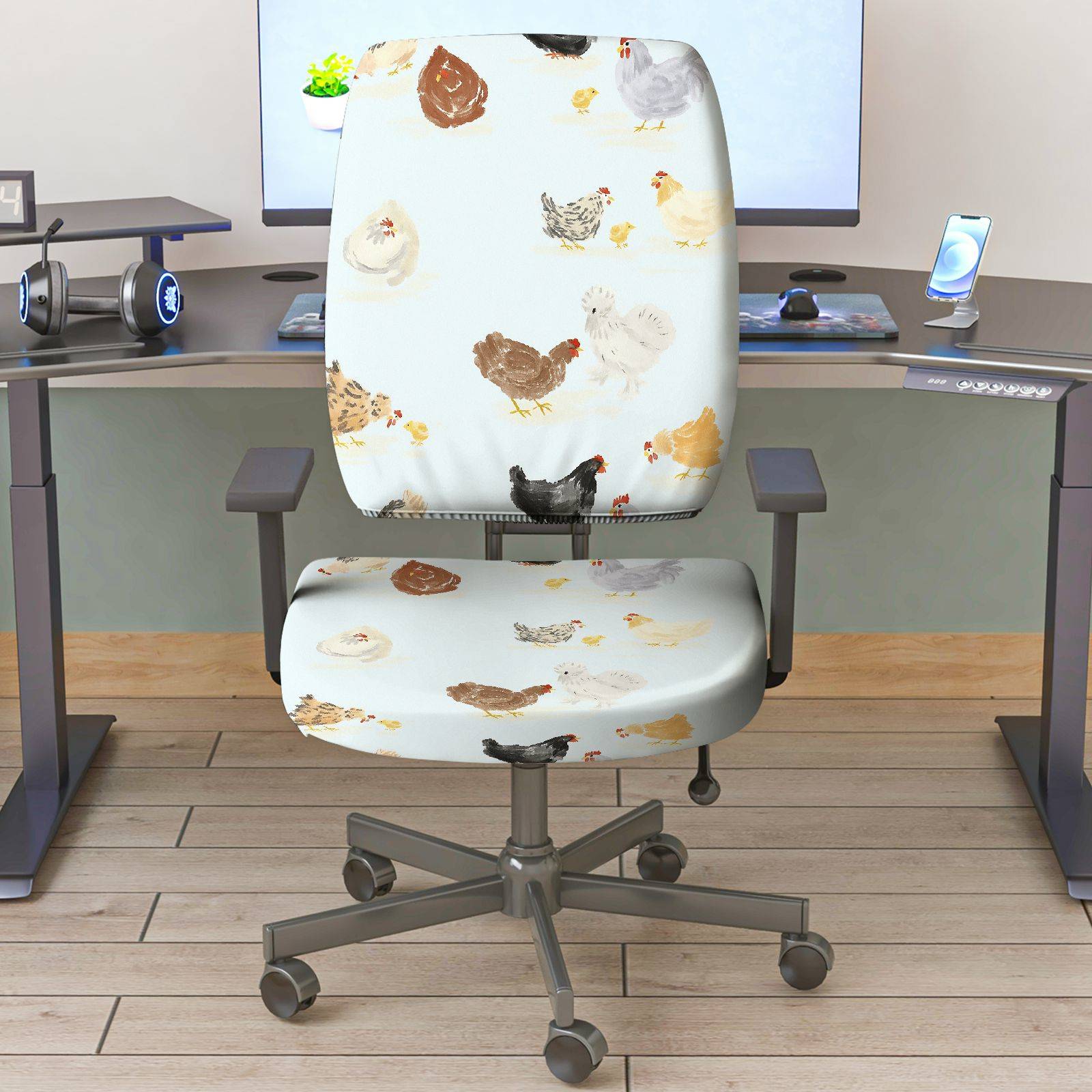 2-Piece Animal Chicken Print  Computer Chair Cover Set, Seat and Backrest