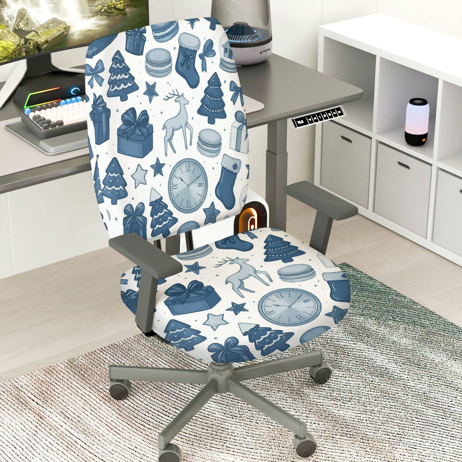 2-Piece Christmas Reindeer Clock Gift Tree Stocking  Computer Chair Cover Set, Seat and Backrest