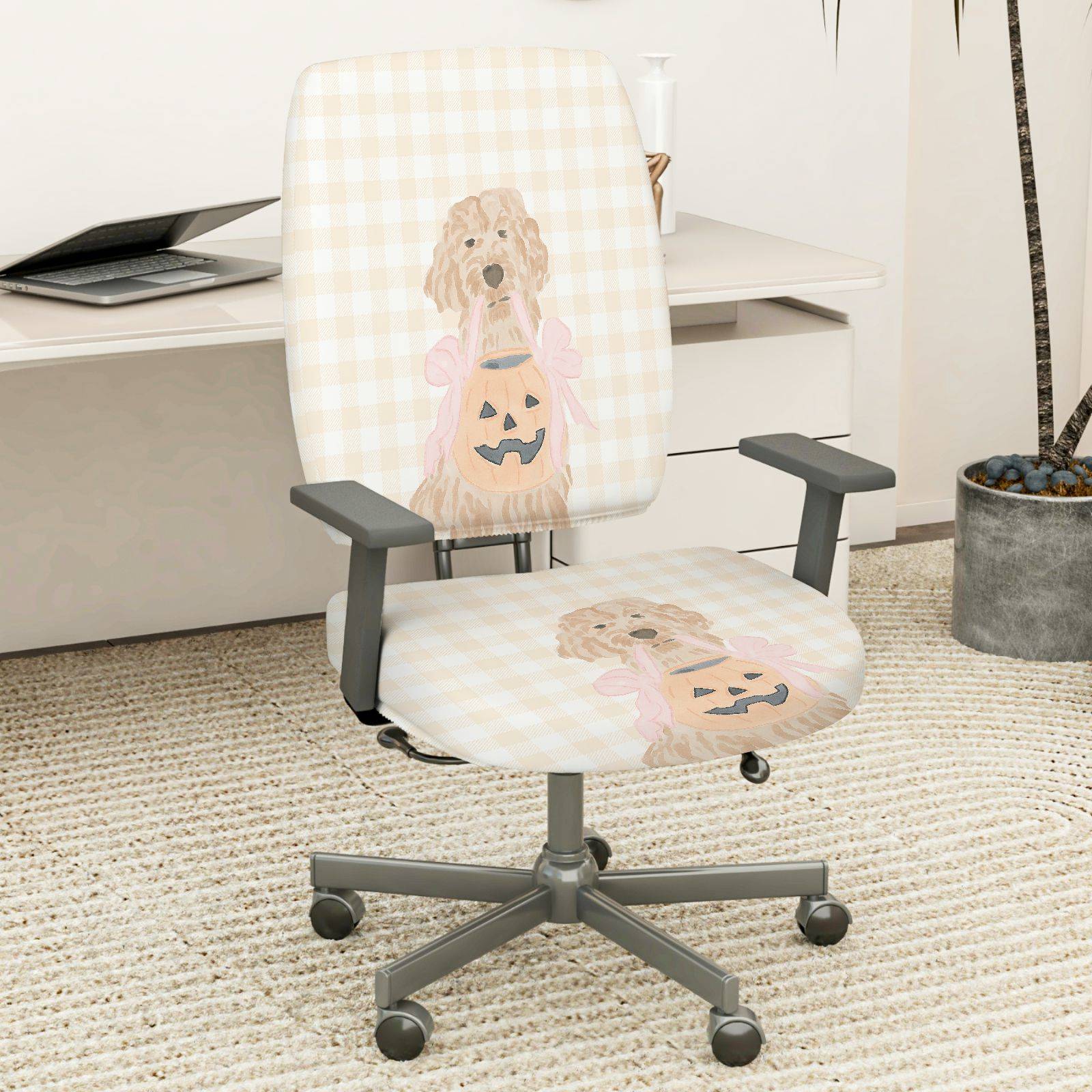 2-Piece Dog Halloween Pumpkin Cute Fun Holiday  Computer Chair Cover Set, Seat and Backrest