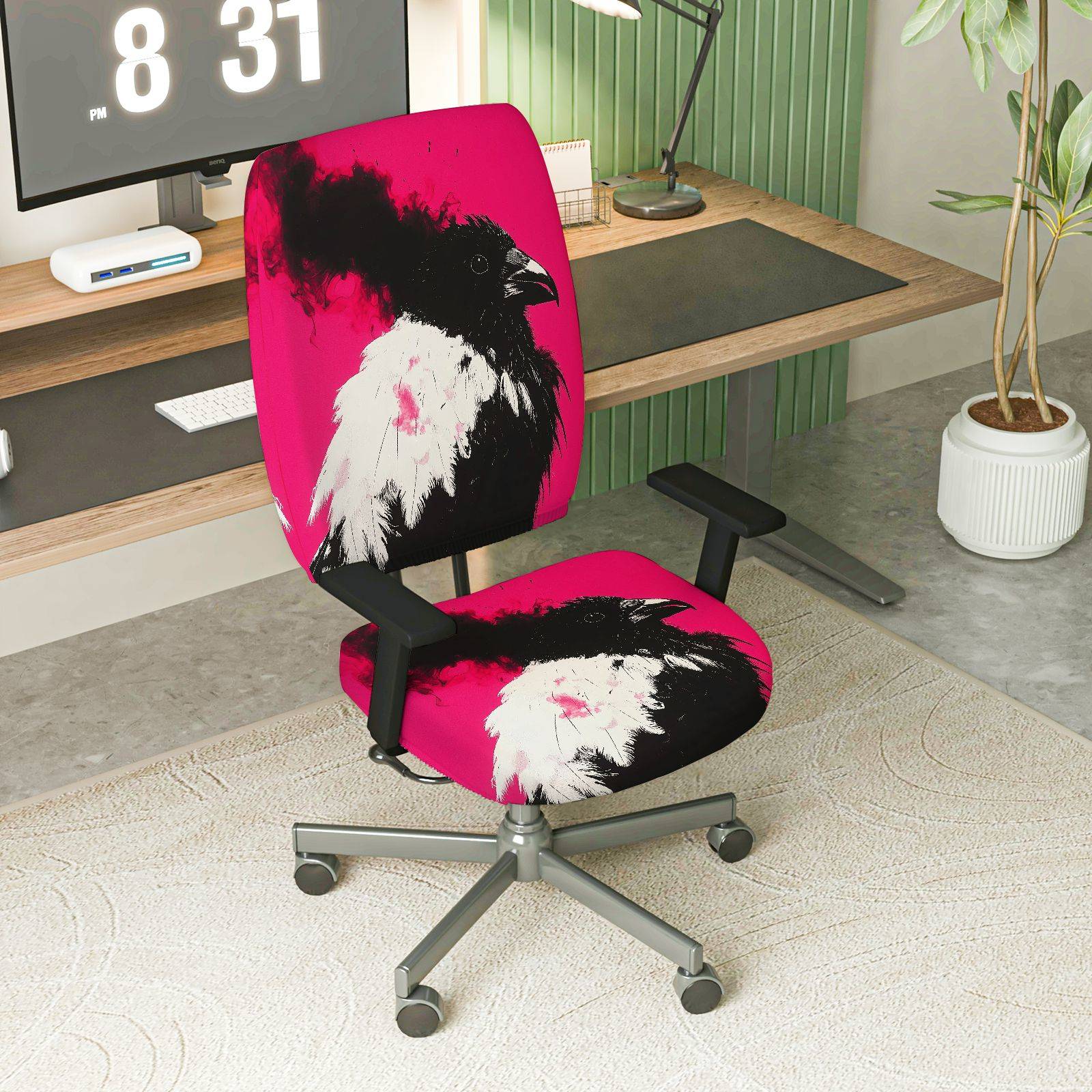2-Piece Artistic Raven Gothic Dark Bird Pink  Computer Chair Cover Set, Seat and Backrest