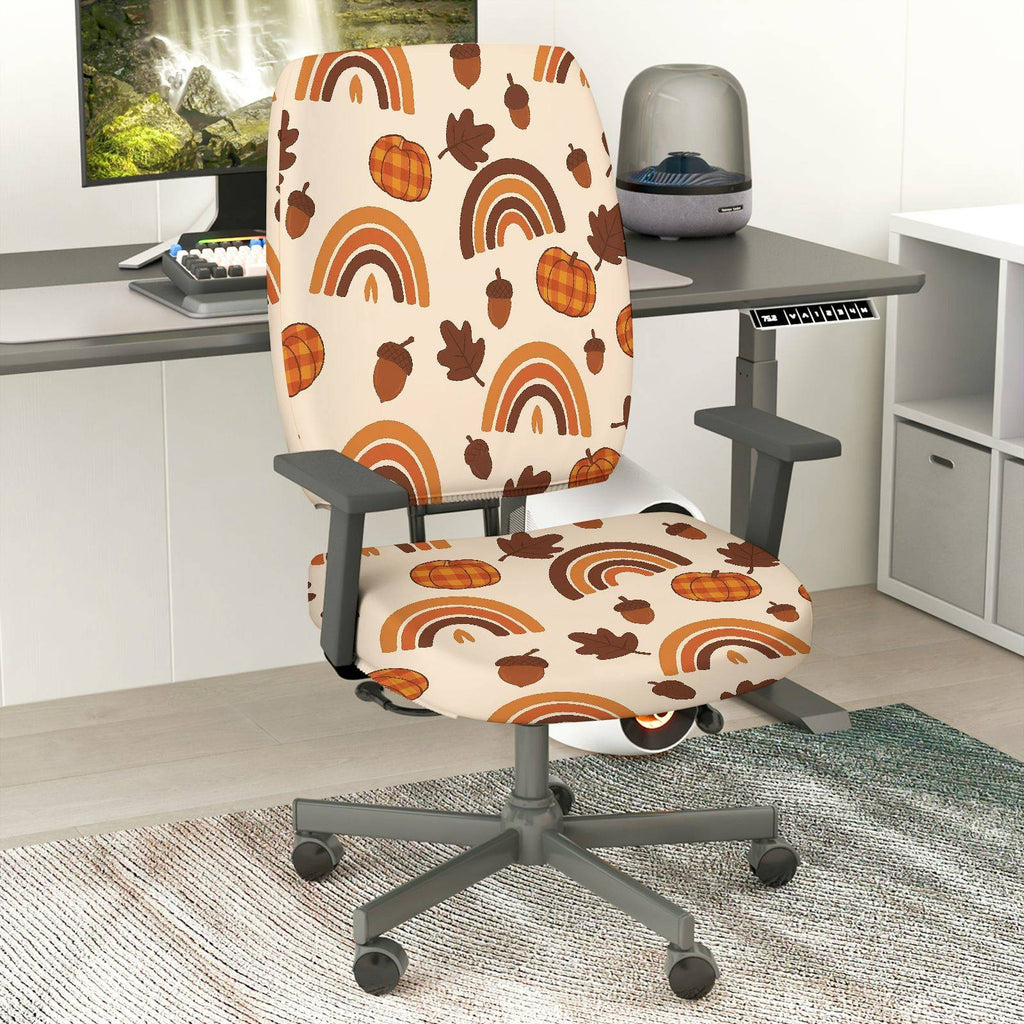 2-Piece Autumn Pumpkin Acorn Rainbow Leaves Thanksgiving  Computer Chair Cover Set, Seat and Backrest