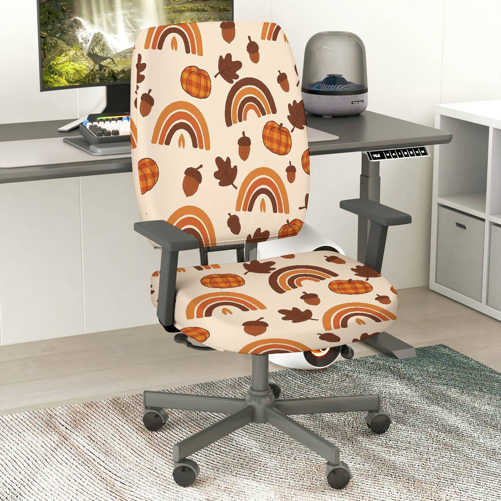 2-Piece Autumn Pumpkin Acorn Rainbow Leaves Thanksgiving  Computer Chair Cover Set, Seat and Backrest