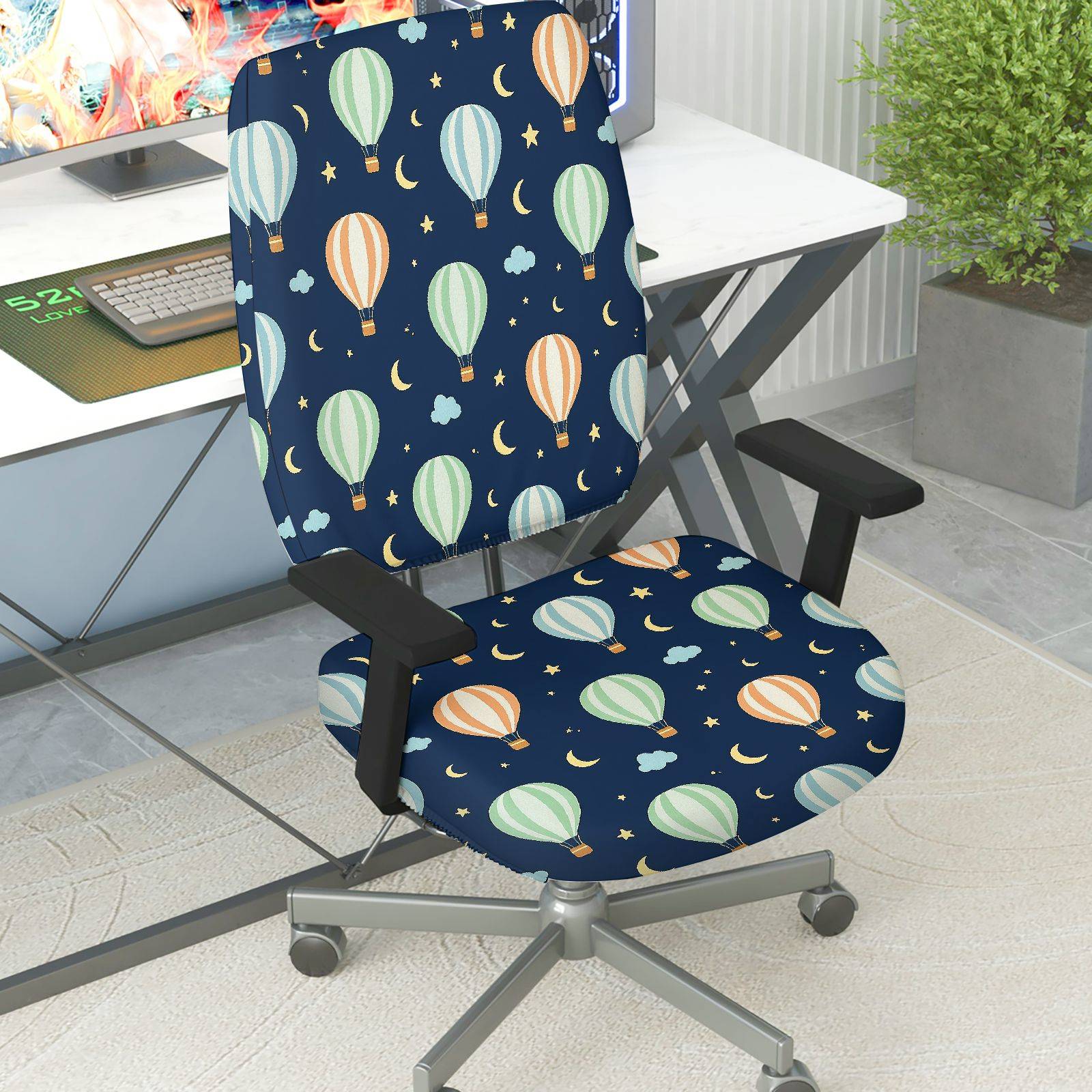 2-Piece Balloon Night Sky Cloud Moon Star  Computer Chair Cover Set, Seat and Backrest