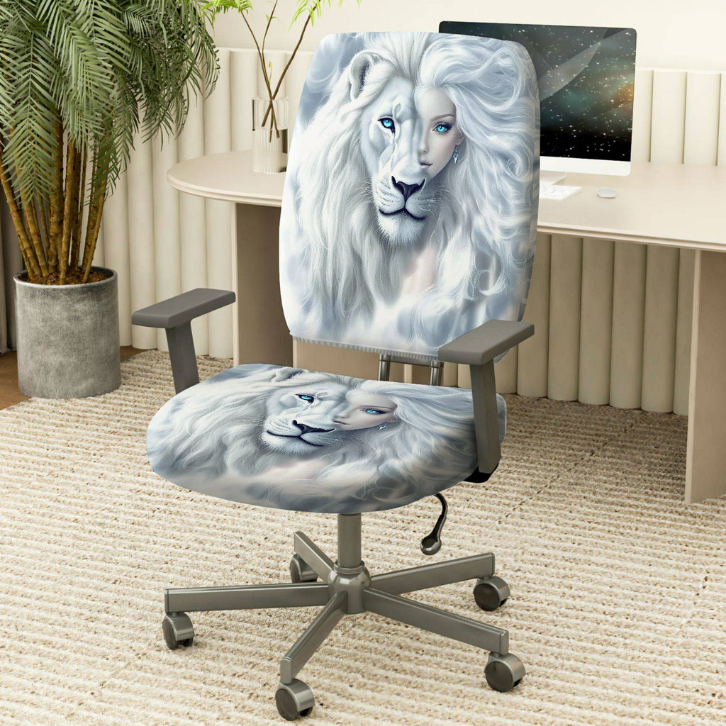 2-Piece White Lion Animal Print Artistic Elegant Bold  Computer Chair Cover Set, Seat and Backrest