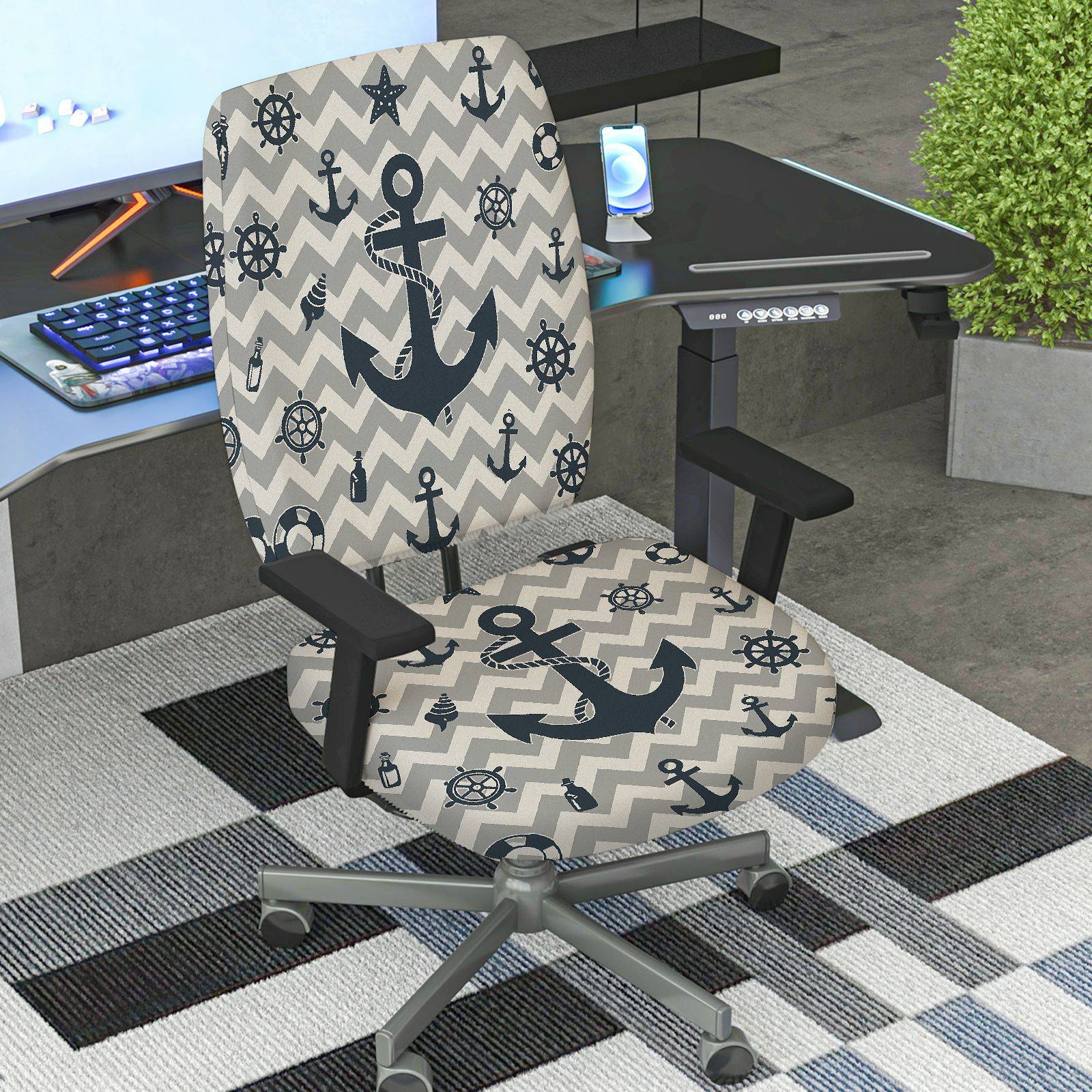 2-Piece Anchor Steering Wheel Chevron Pattern Star Marine Theme  Computer Chair Cover Set, Seat and Backrest