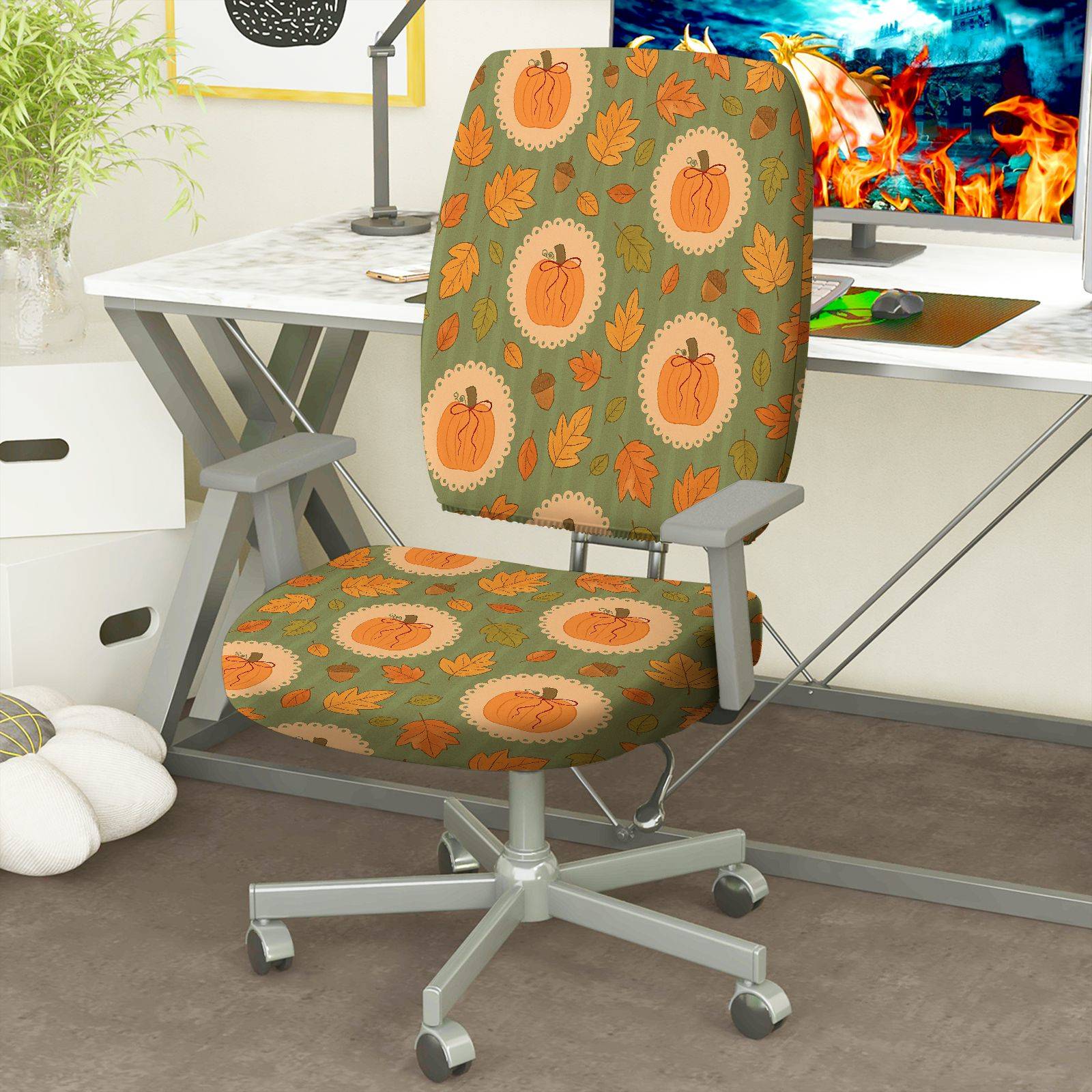 2-Piece Autumn Pumpkin Leaf Pattern Thanksgiving  Computer Chair Cover Set, Seat and Backrest