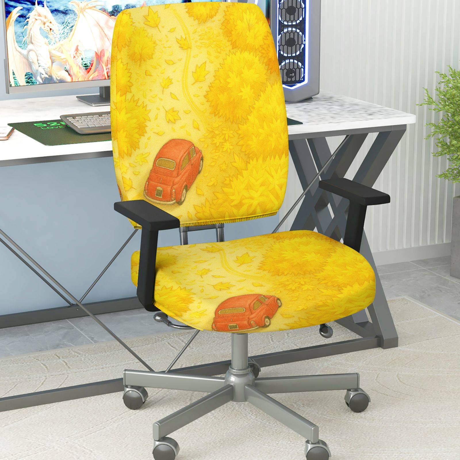 2-Piece Autumn Forest Car Leaf Pattern  Computer Chair Cover Set, Seat and Backrest