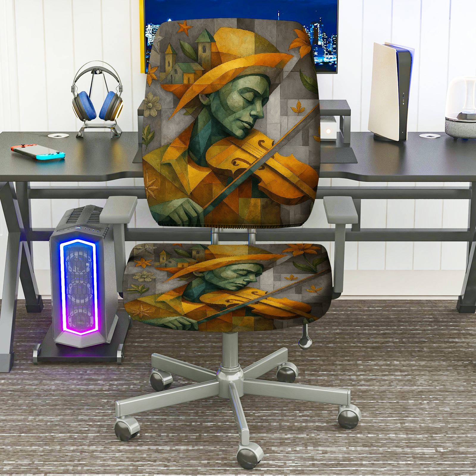 2-Piece Artistic Violinist Floral Geometric Abstract  Computer Chair Cover Set, Seat and Backrest