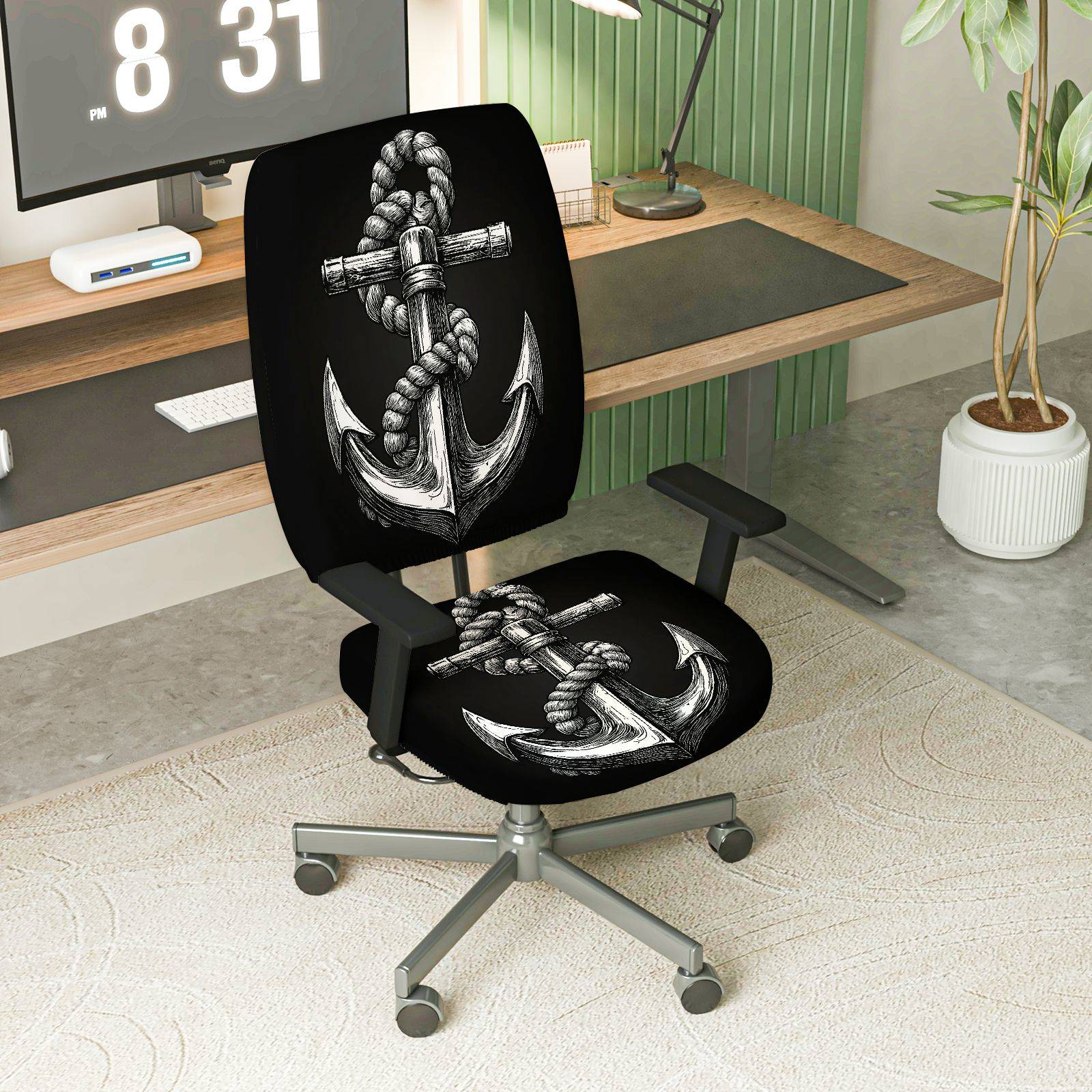 2-Piece Anchor Nautical Rope Marine Ocean Sea  Computer Chair Cover Set, Seat and Backrest