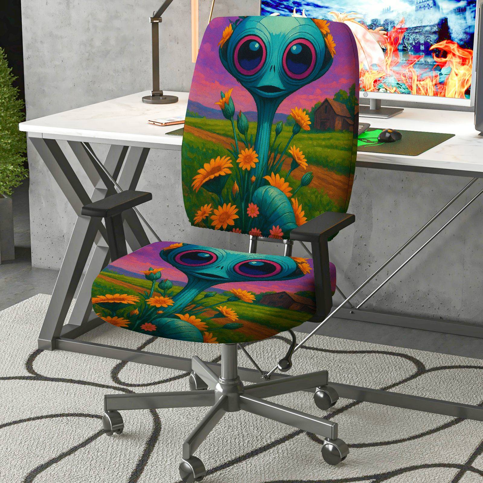 2-Piece Alien Floral Fantasy Art Colorful  Computer Chair Cover Set, Seat and Backrest