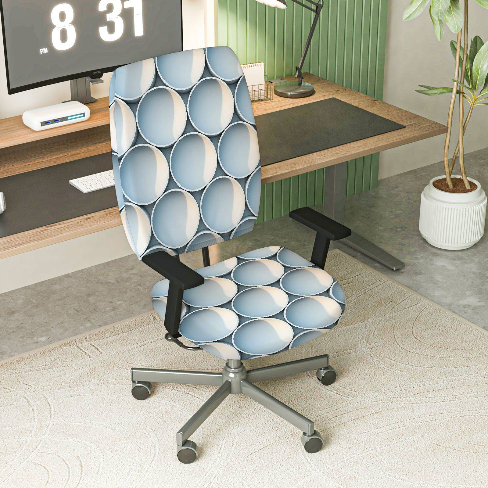 2-Piece Modern Geometric Blue Pattern Stretchy  Computer Chair Cover Set, Seat and Backrest