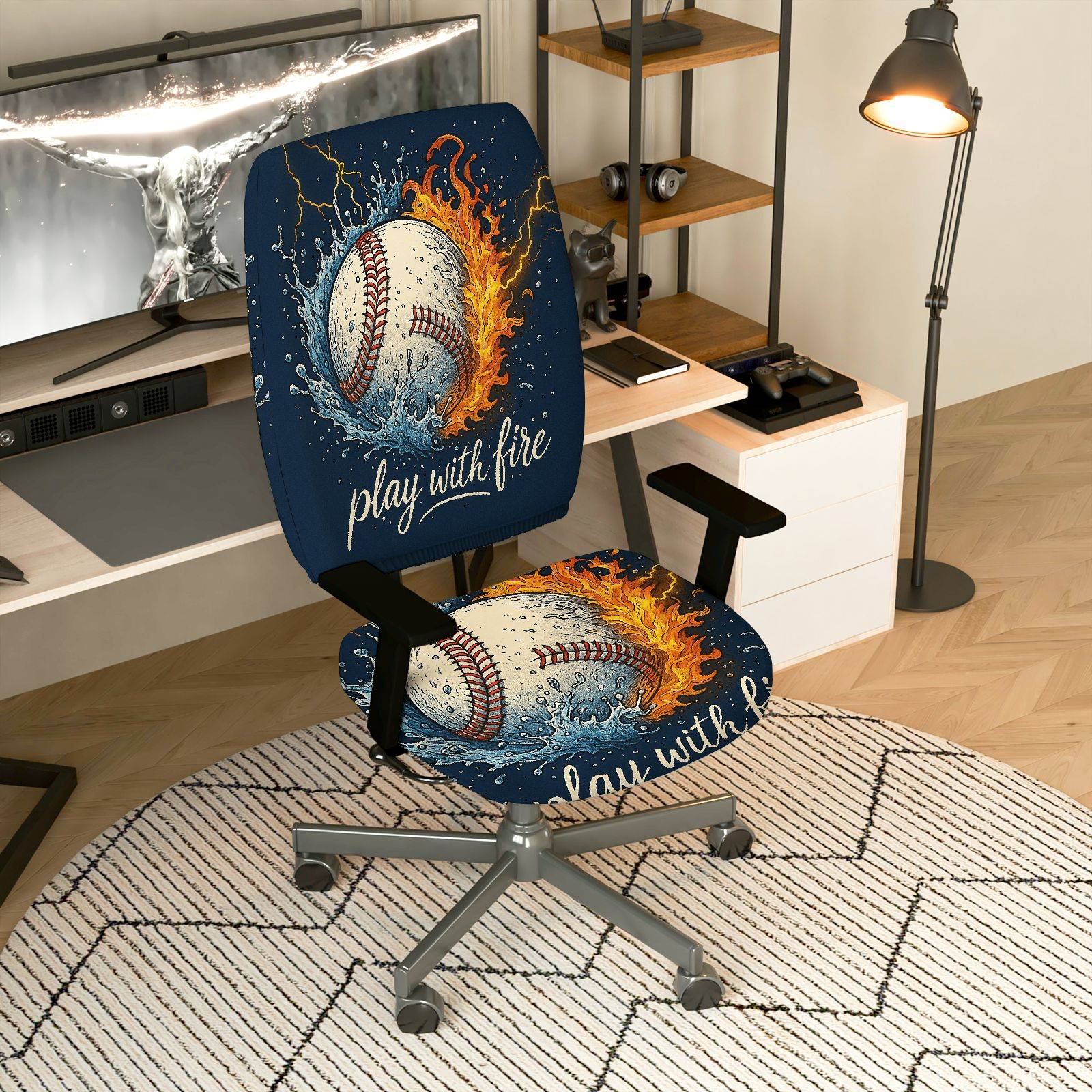 2-Piece Baseball Fire Water Play with Fire Inspirational  Computer Chair Cover Set, Seat and Backrest