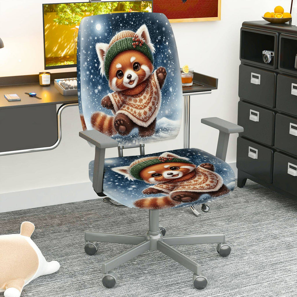 2-Piece Animal Red Panda Winter Snowflakes Holiday  Computer Chair Cover Set, Seat and Backrest