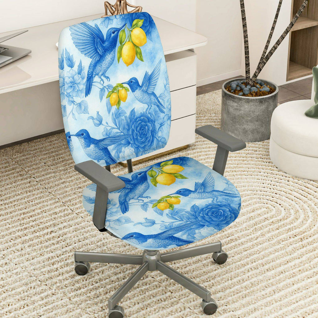 2-Piece Hummingbird Floral Lemon Nature Blue  Computer Chair Cover Set, Seat and Backrest