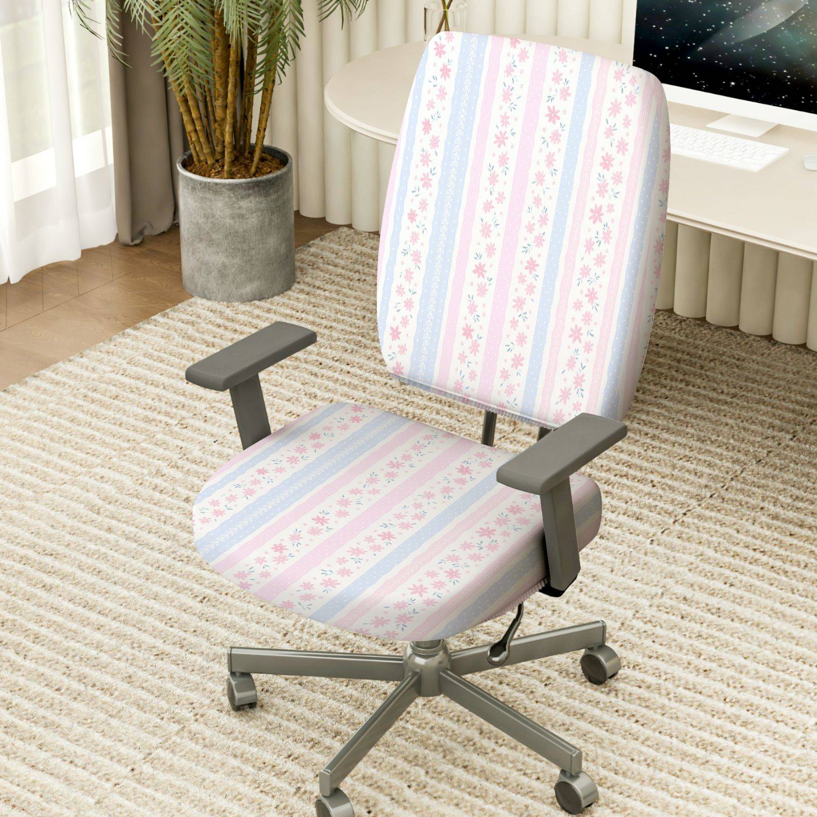 2-Piece Pastel Floral Stripe  Computer Chair Cover Set, Seat and Backrest