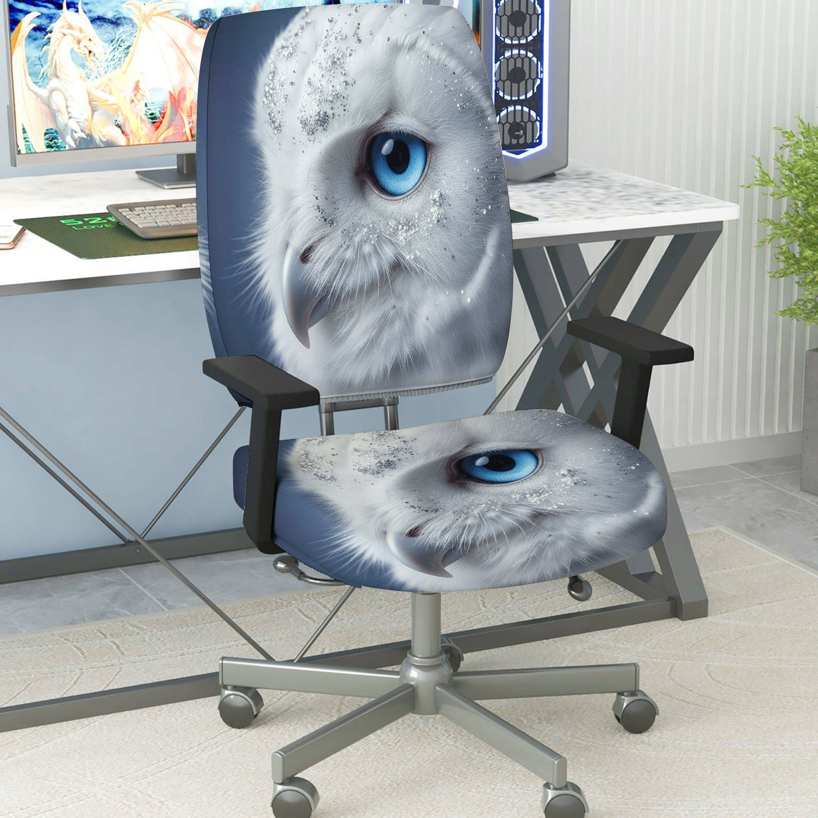 2-Piece Animal Owl Blue Eye Snow Glitter  Computer Chair Cover Set, Seat and Backrest