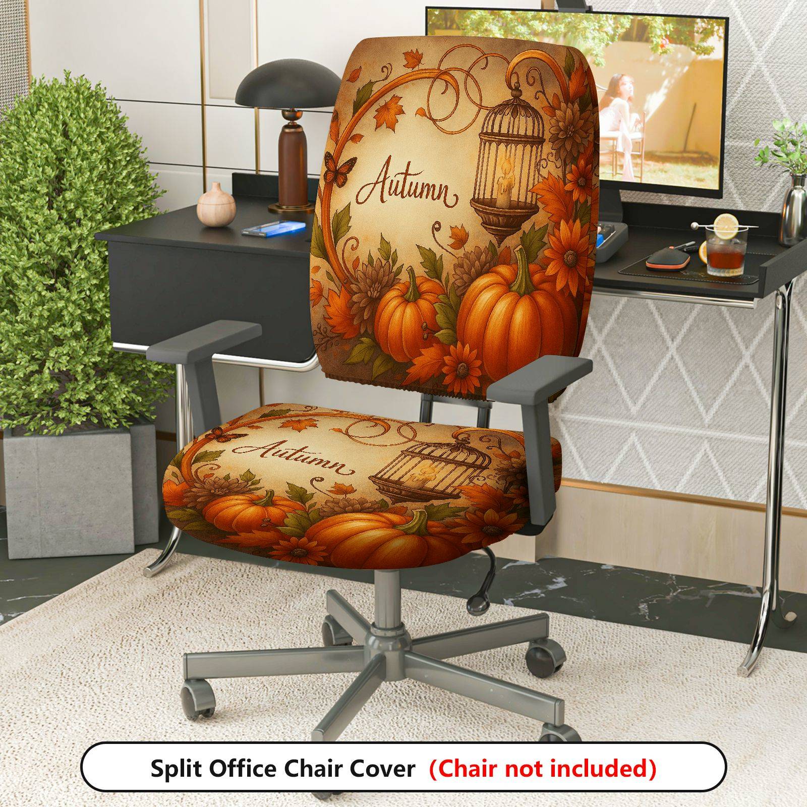 2-Piece Autumn Pumpkin Maple Leaf Lantern Fall  Computer Chair Cover Set, Seat and Backrest
