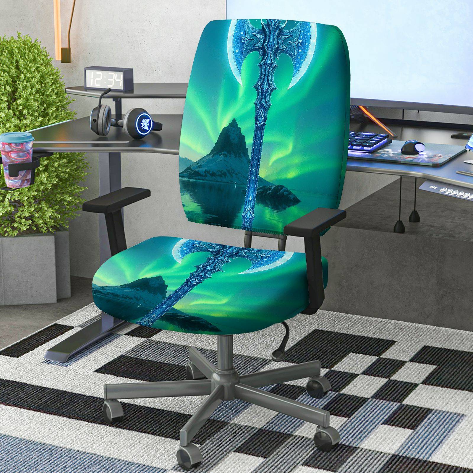 2-Piece Aurora Fantasy Sword Landscape Scenery Cool  Computer Chair Cover Set, Seat and Backrest