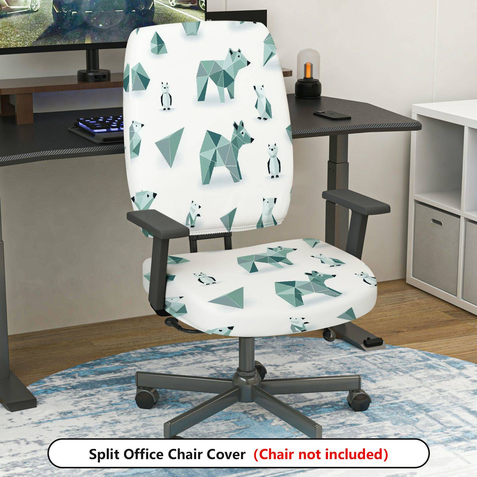 2-Piece Geometric Bear Penguin Animal Pattern  Computer Chair Cover Set, Seat and Backrest