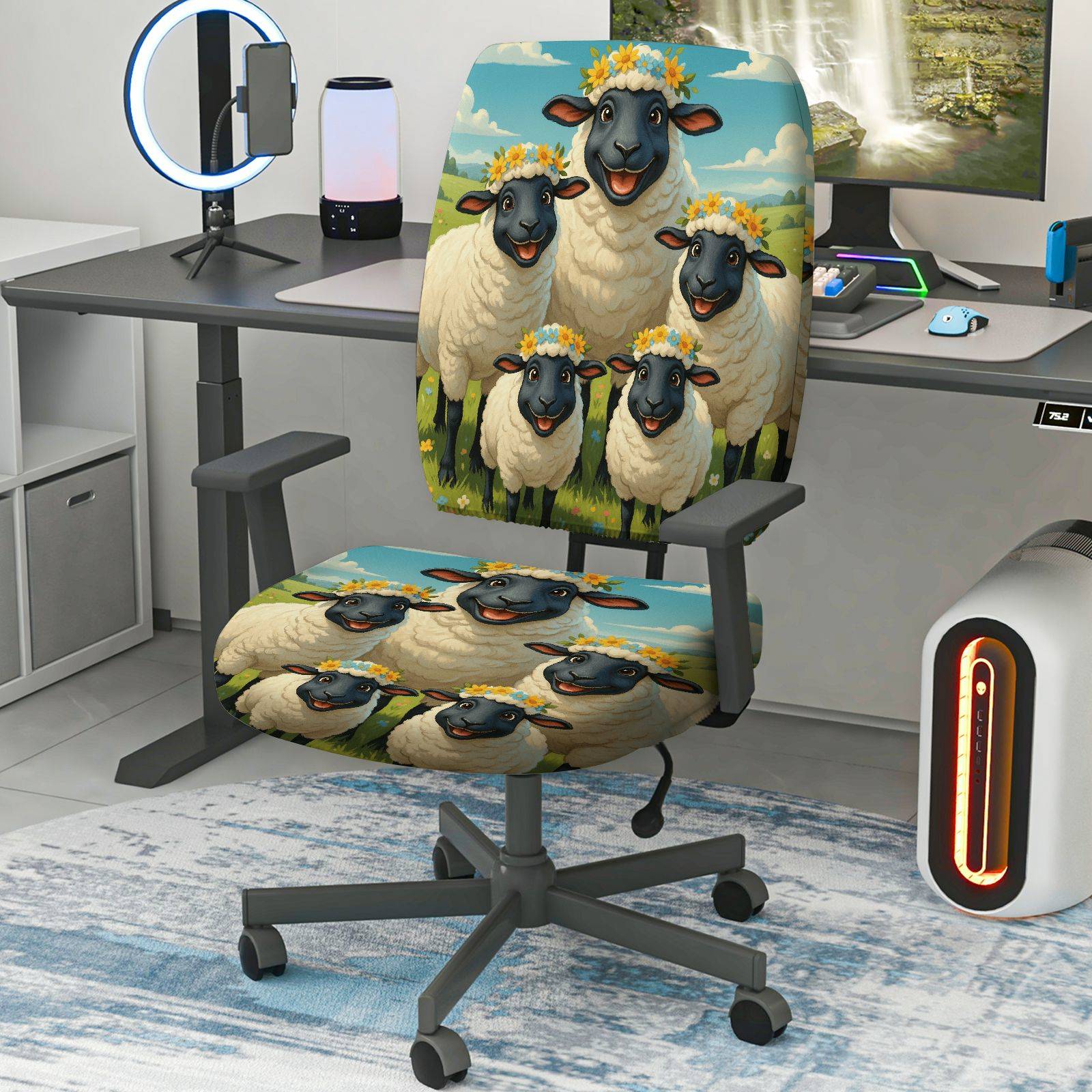 2-Piece Cute Sheep Floral Farm Animal Pastoral Cozy  Computer Chair Cover Set, Seat and Backrest