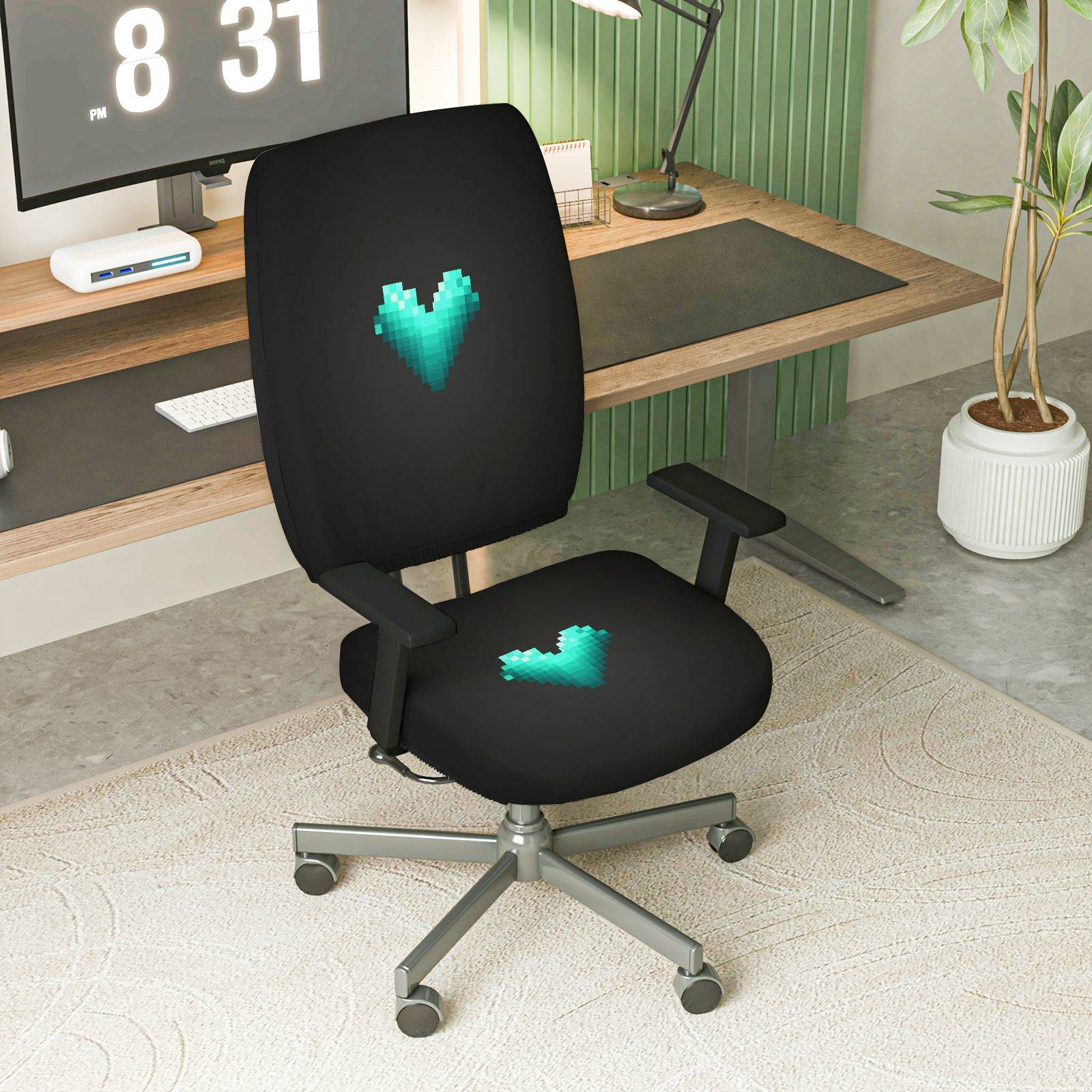 2-Piece Geometric Heart Pixel Art Gaming Valentine  Computer Chair Cover Set, Seat and Backrest