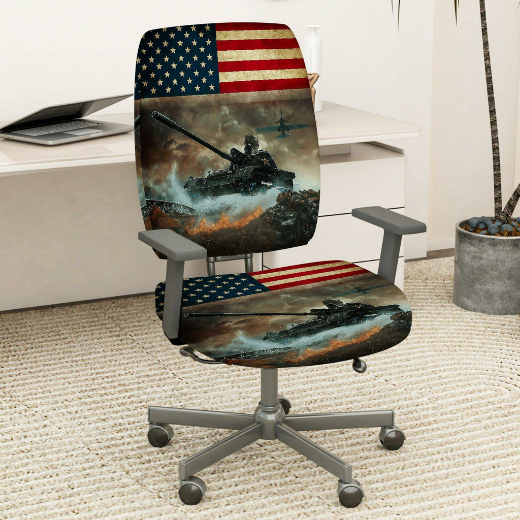 2-Piece American Flag Army Tank Battle Airplane  Computer Chair Cover Set, Seat and Backrest