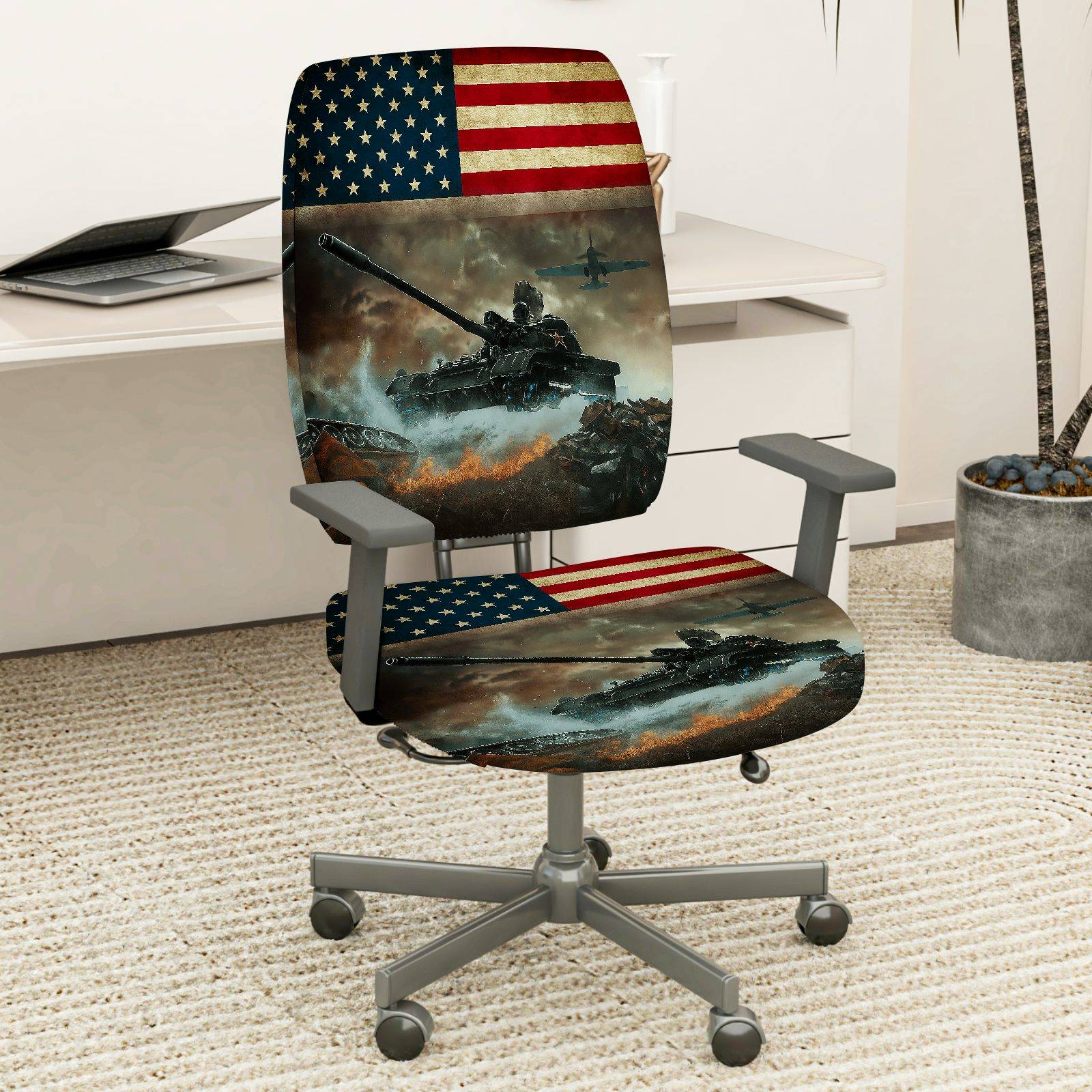 2-Piece American Flag Army Tank Battle Airplane  Computer Chair Cover Set, Seat and Backrest