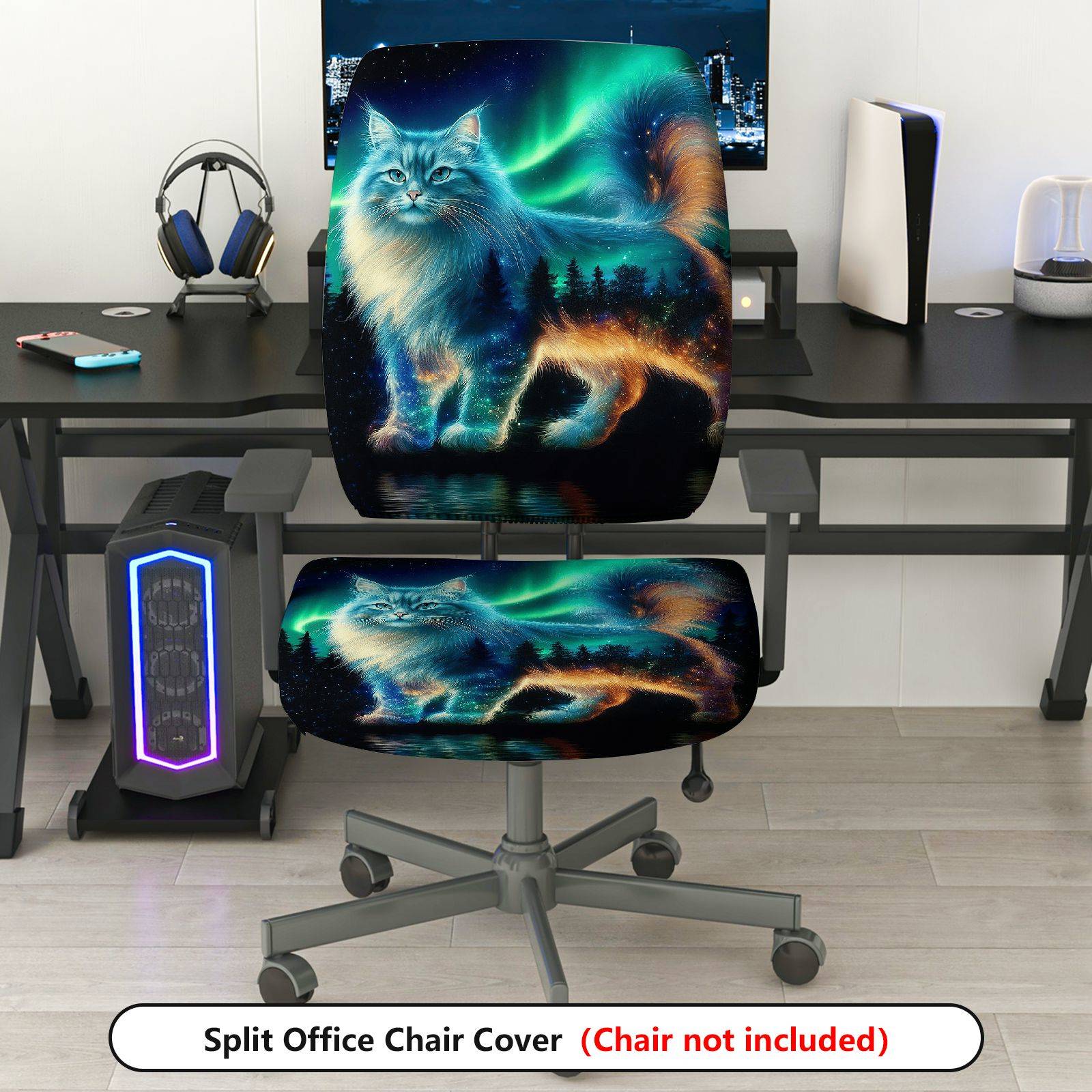 2-Piece Aurora Cat Galaxy Starry Forest Scenery  Computer Chair Cover Set, Seat and Backrest