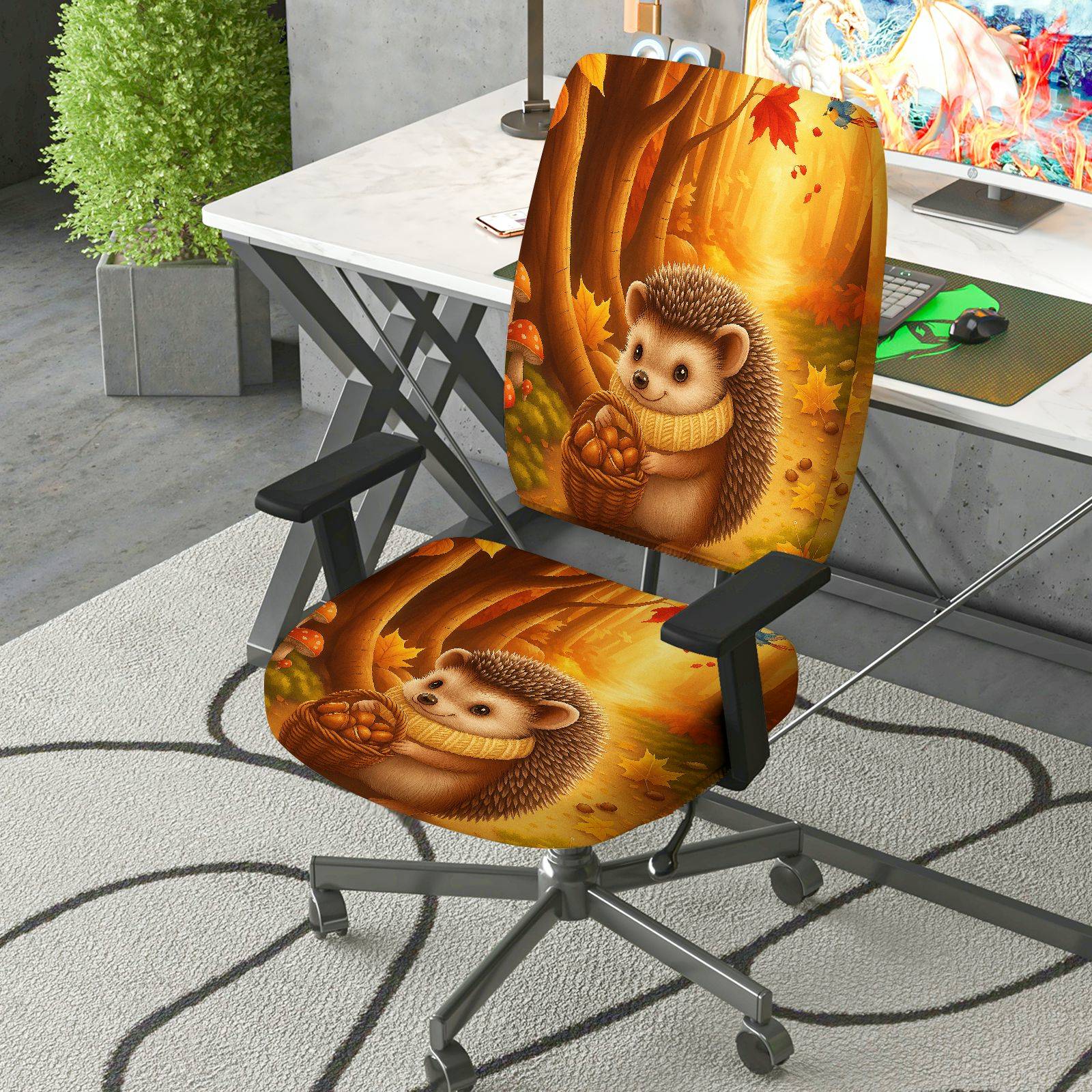 2-Piece Autumn Hedgehog Forest Leaves Harvest  Computer Chair Cover Set, Seat and Backrest
