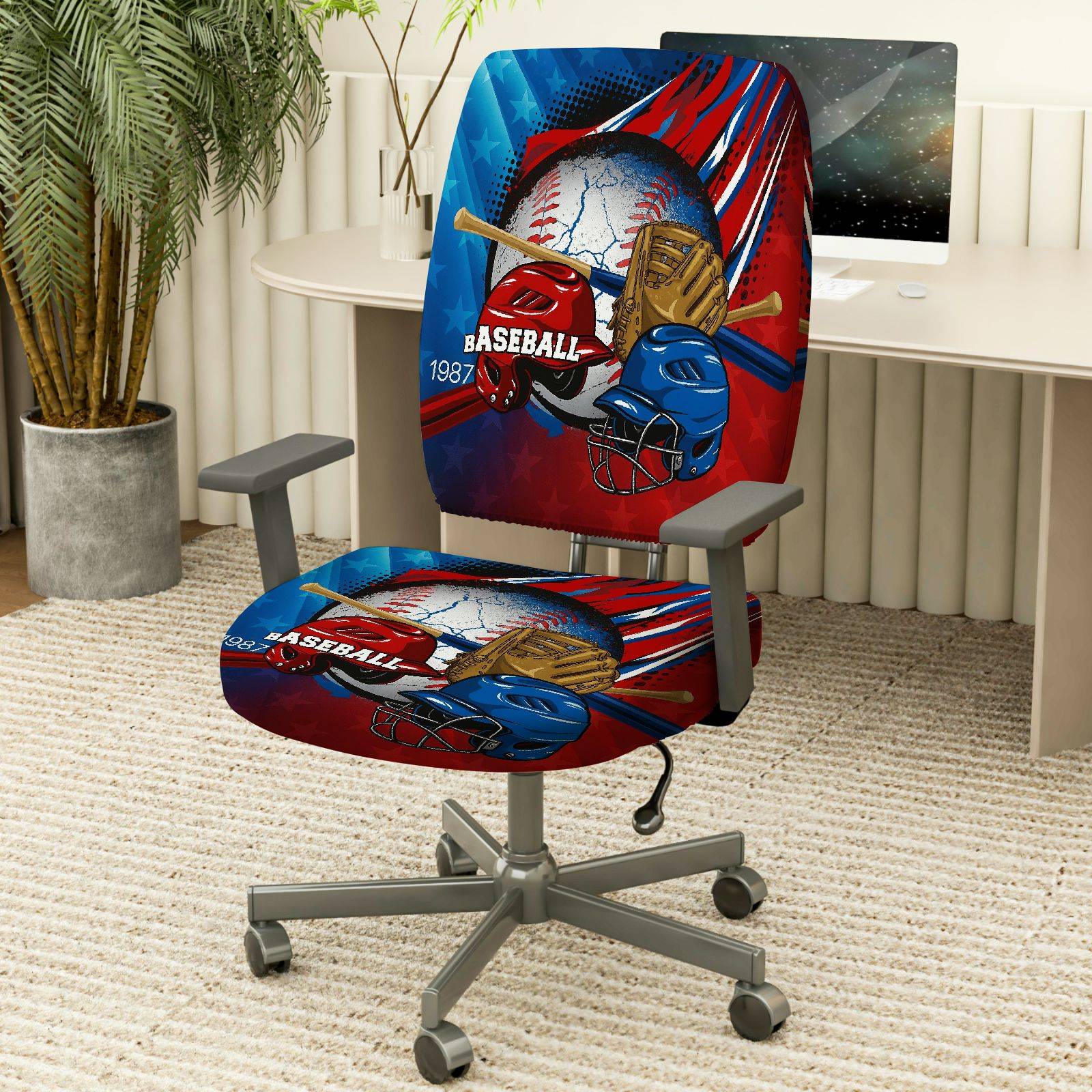 2-Piece Baseball Sports Game Graphic Patriotic Stars  Computer Chair Cover Set, Seat and Backrest
