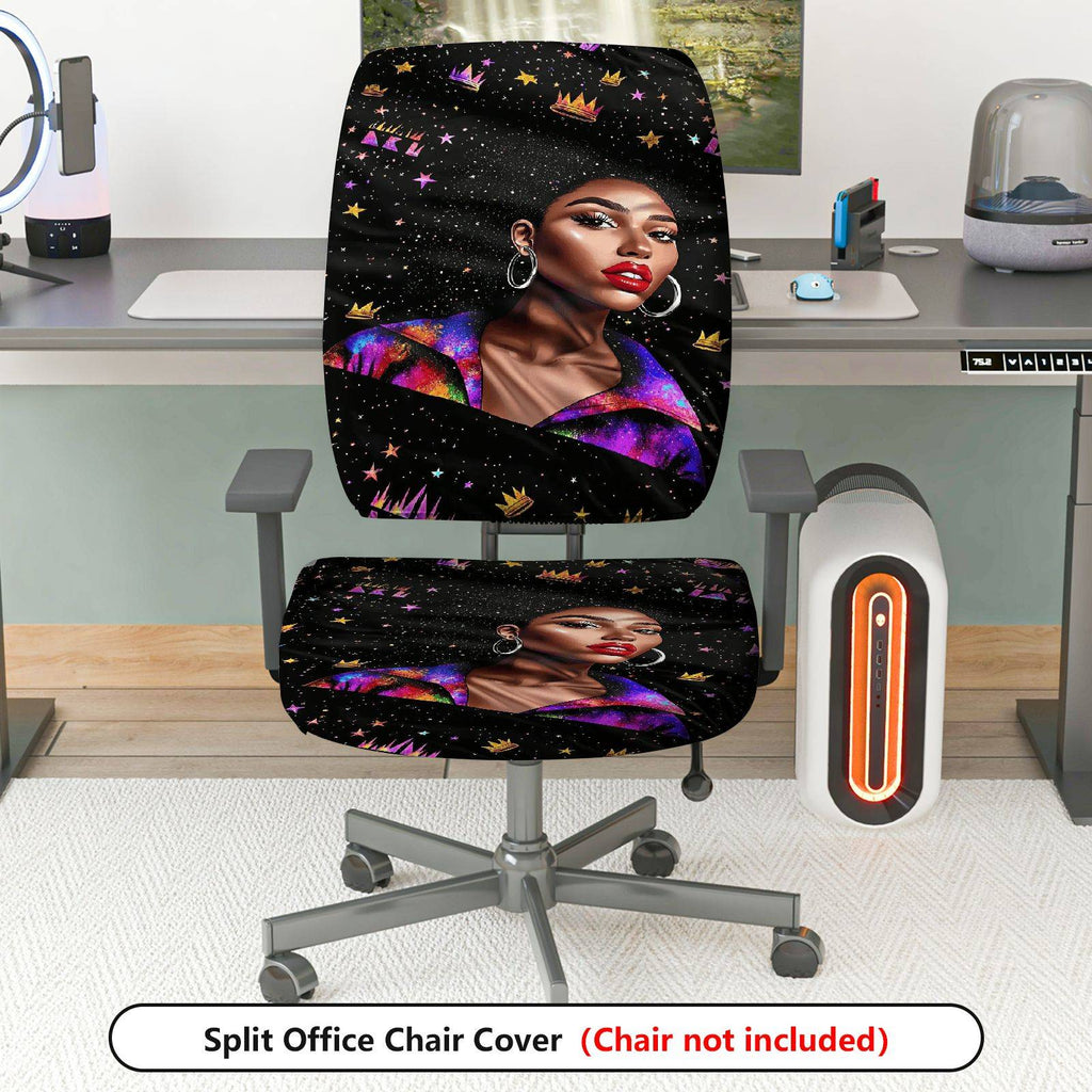 2-Piece African American Woman Galaxy Crown Star  Computer Chair Cover Set, Seat and Backrest