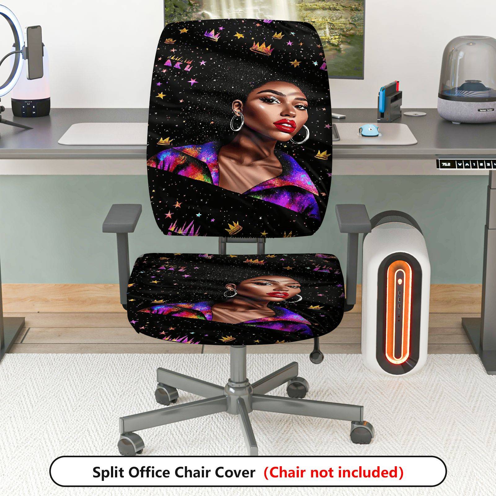 2-Piece African American Woman Galaxy Crown Star  Computer Chair Cover Set, Seat and Backrest