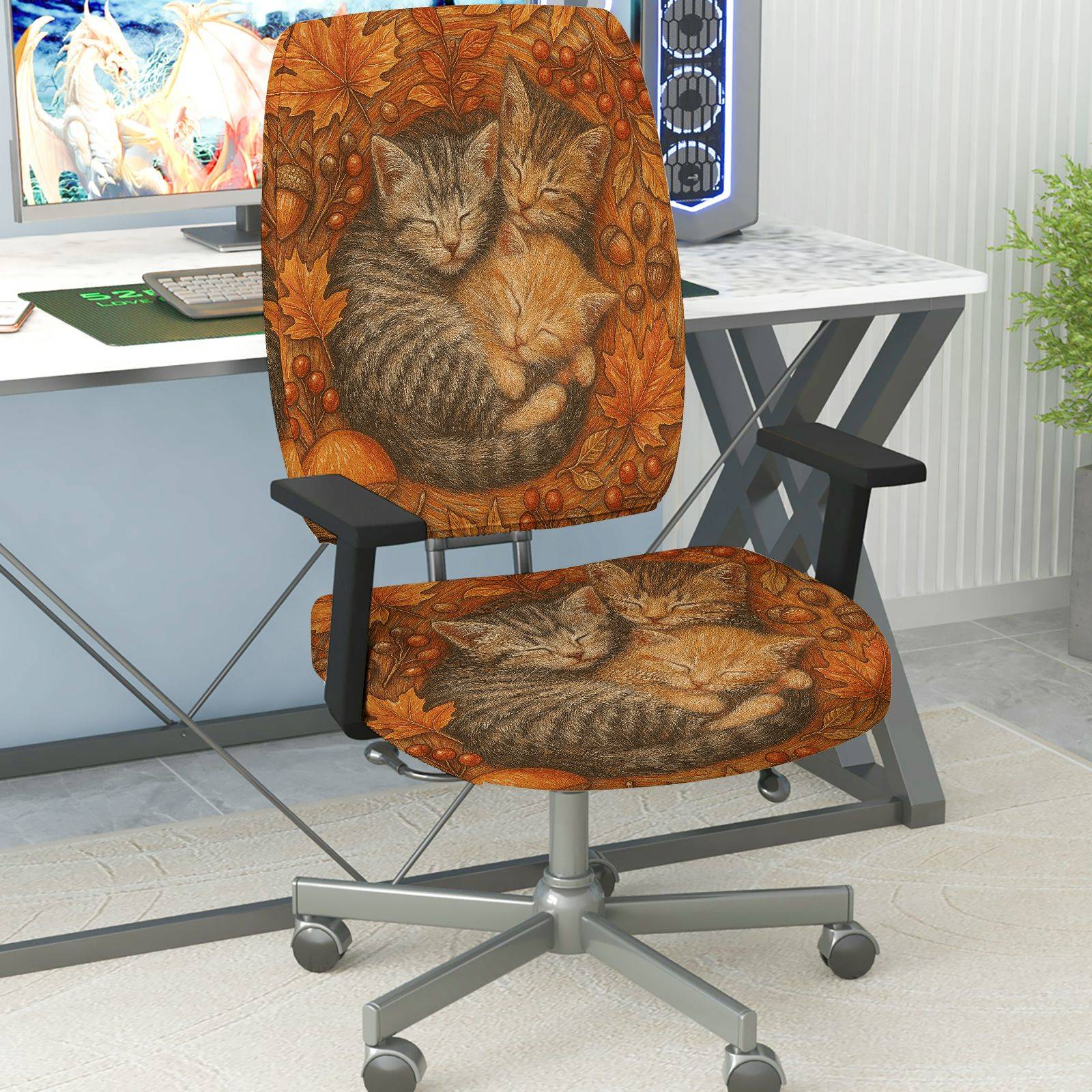 2-Piece Autumn Cats Leaves Pumpkins Acorns  Computer Chair Cover Set, Seat and Backrest