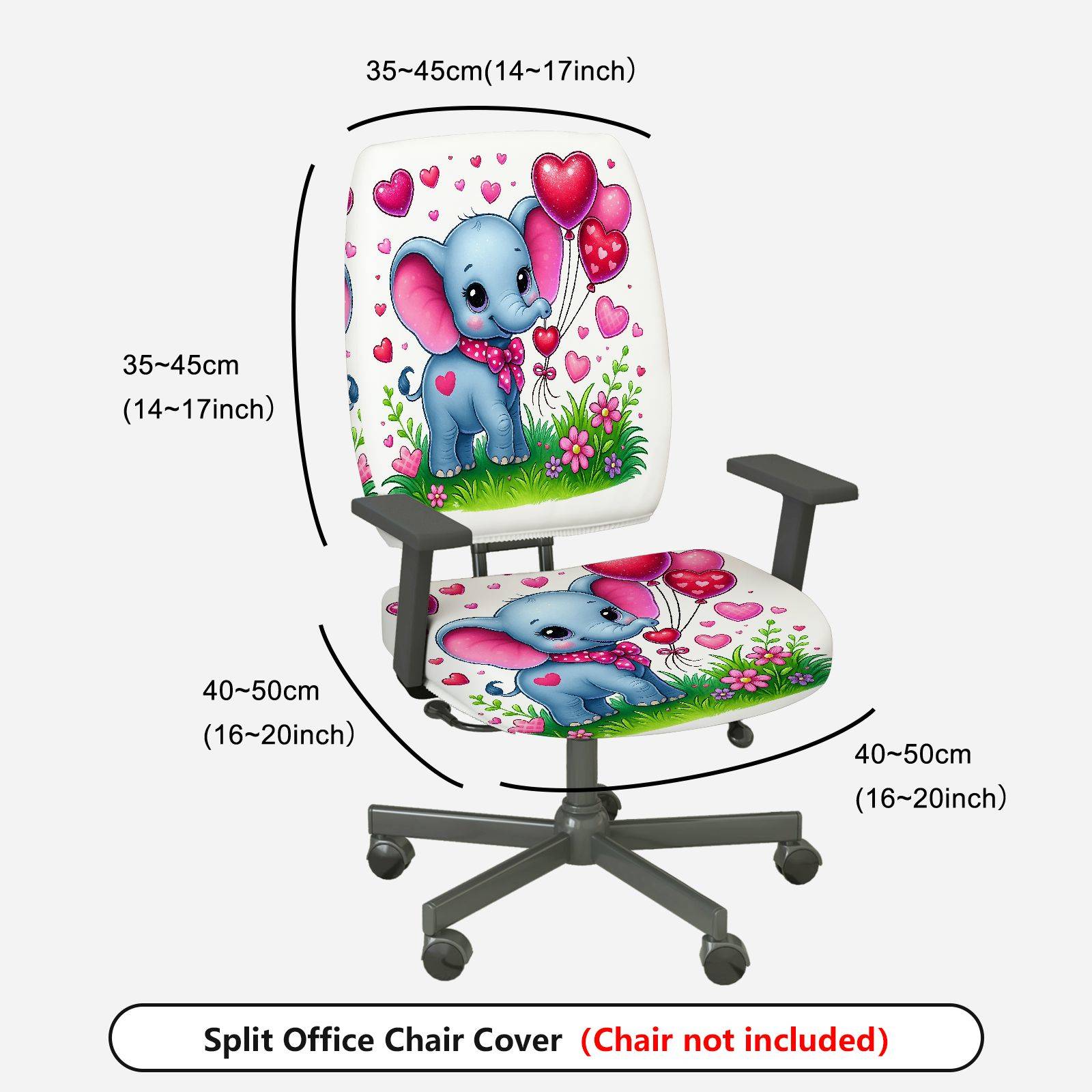 2-Piece Cute Elephant Heart Balloon Flower Grass  Computer Chair Cover Set, Seat and Backrest