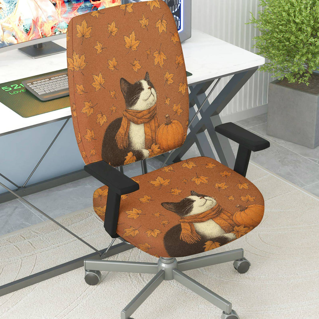 2-Piece Autumn Leaves Pumpkin Cat Scarf Fall  Computer Chair Cover Set, Seat and Backrest