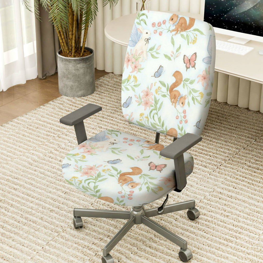 2-Piece Animal Floral Butterfly Squirrel Rabbit Spring  Computer Chair Cover Set, Seat and Backrest