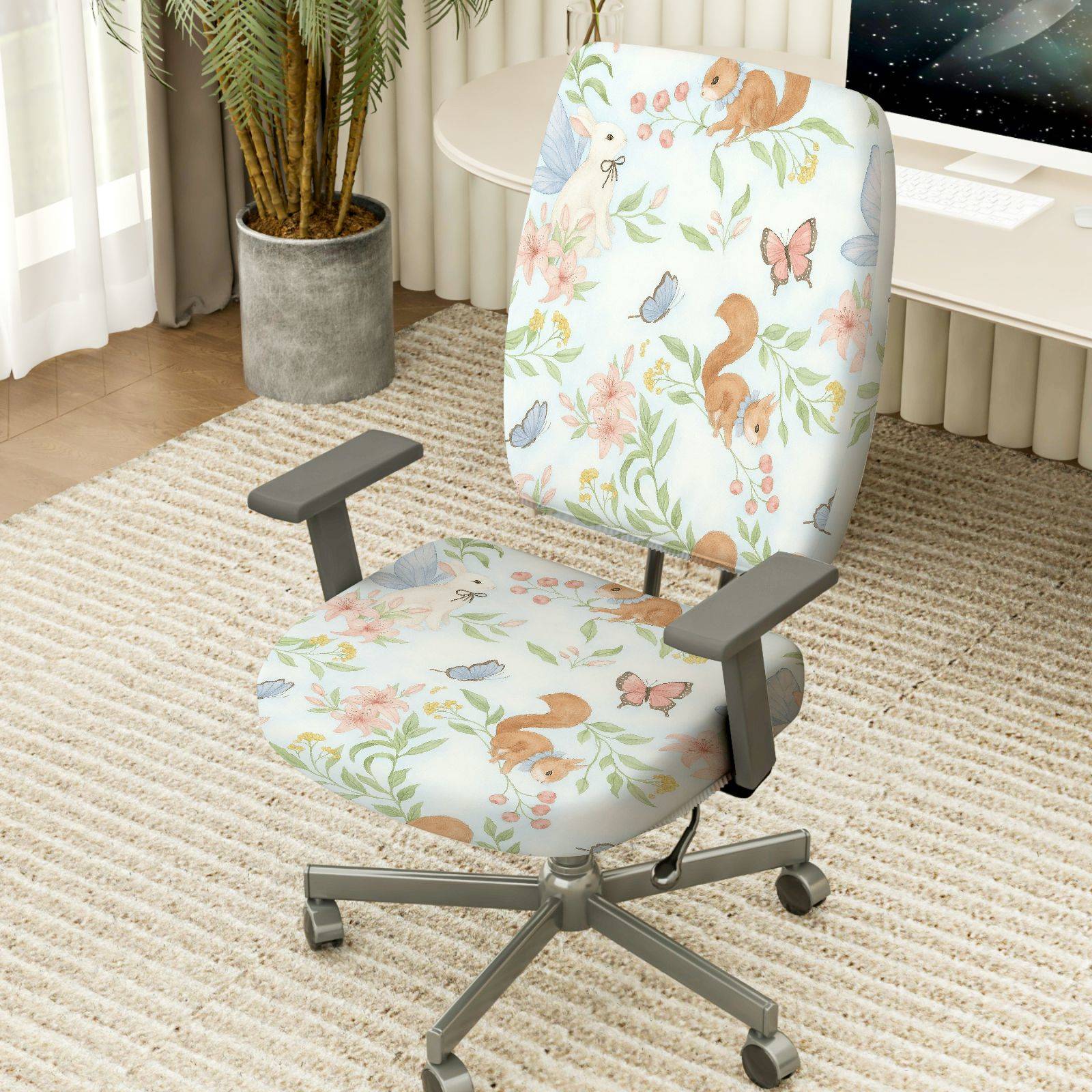 2-Piece Animal Floral Butterfly Squirrel Rabbit Spring  Computer Chair Cover Set, Seat and Backrest