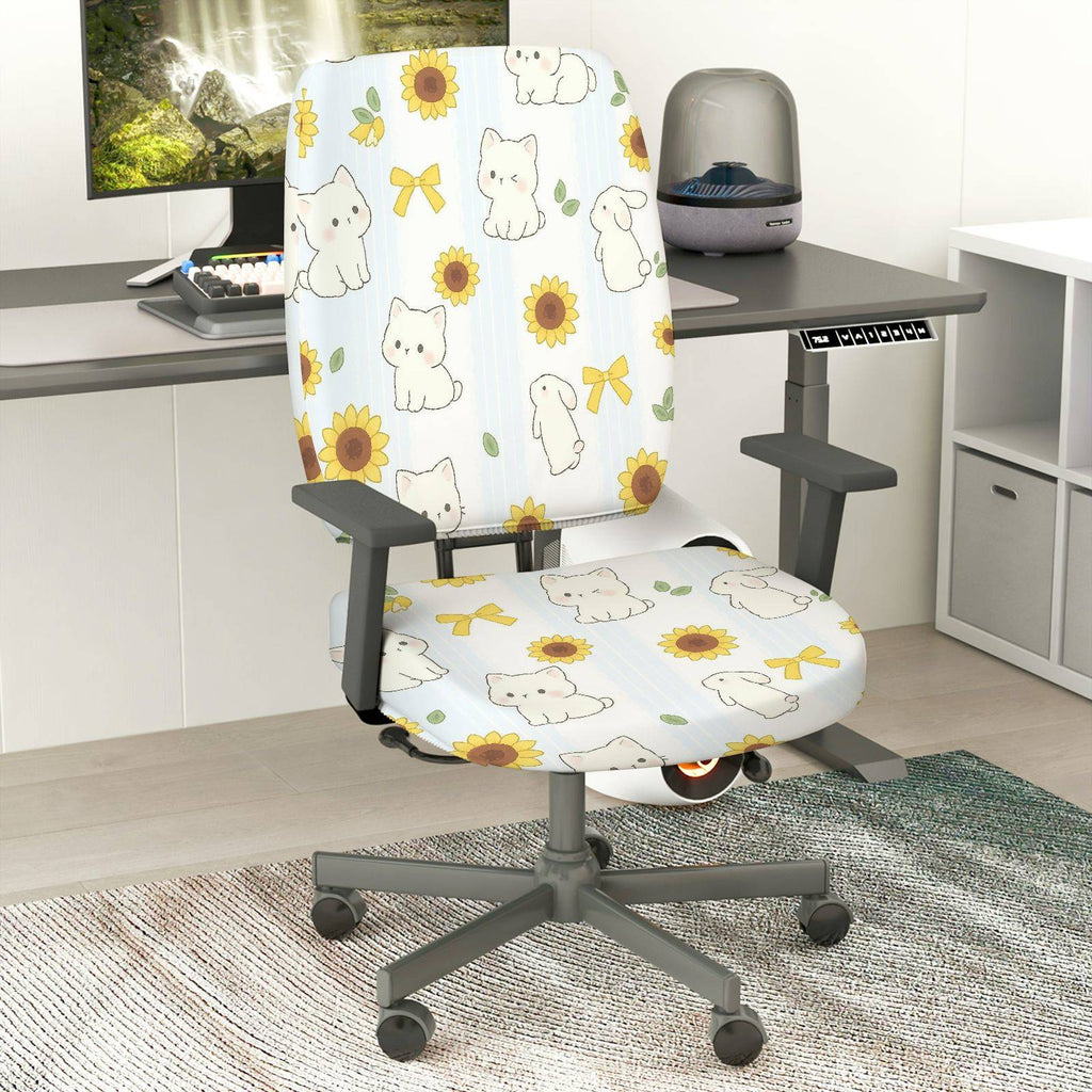 2-Piece Cute Sunflower Cat Bow Spring  Computer Chair Cover Set, Seat and Backrest