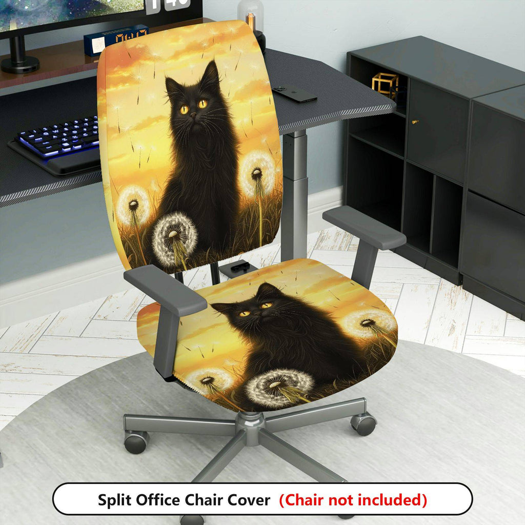 2-Piece Black Cat Dandelion Sunset Art Stylish  Computer Chair Cover Set, Seat and Backrest