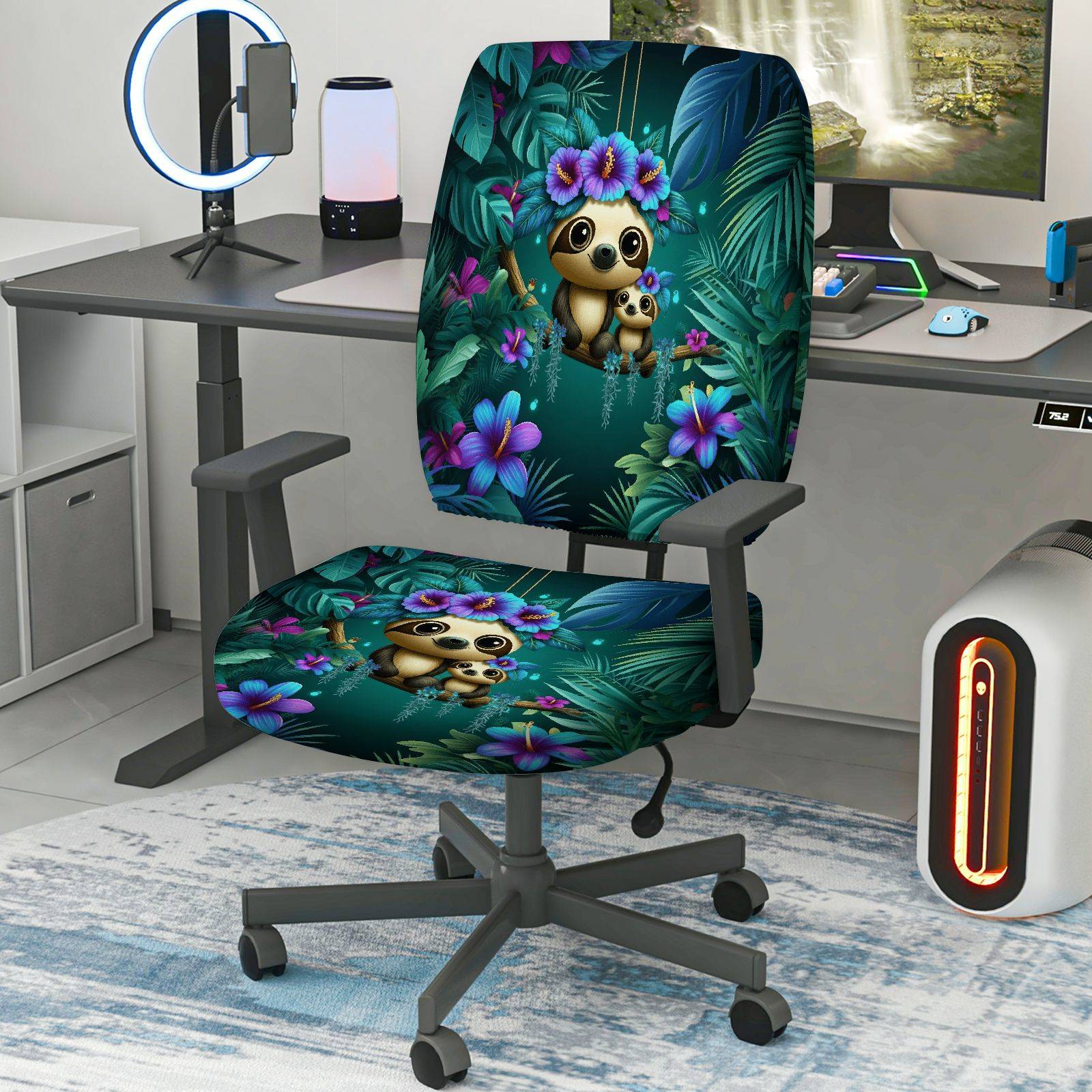 2-Piece Cute Panda Tropical Floral Jungle Animal  Computer Chair Cover Set, Seat and Backrest