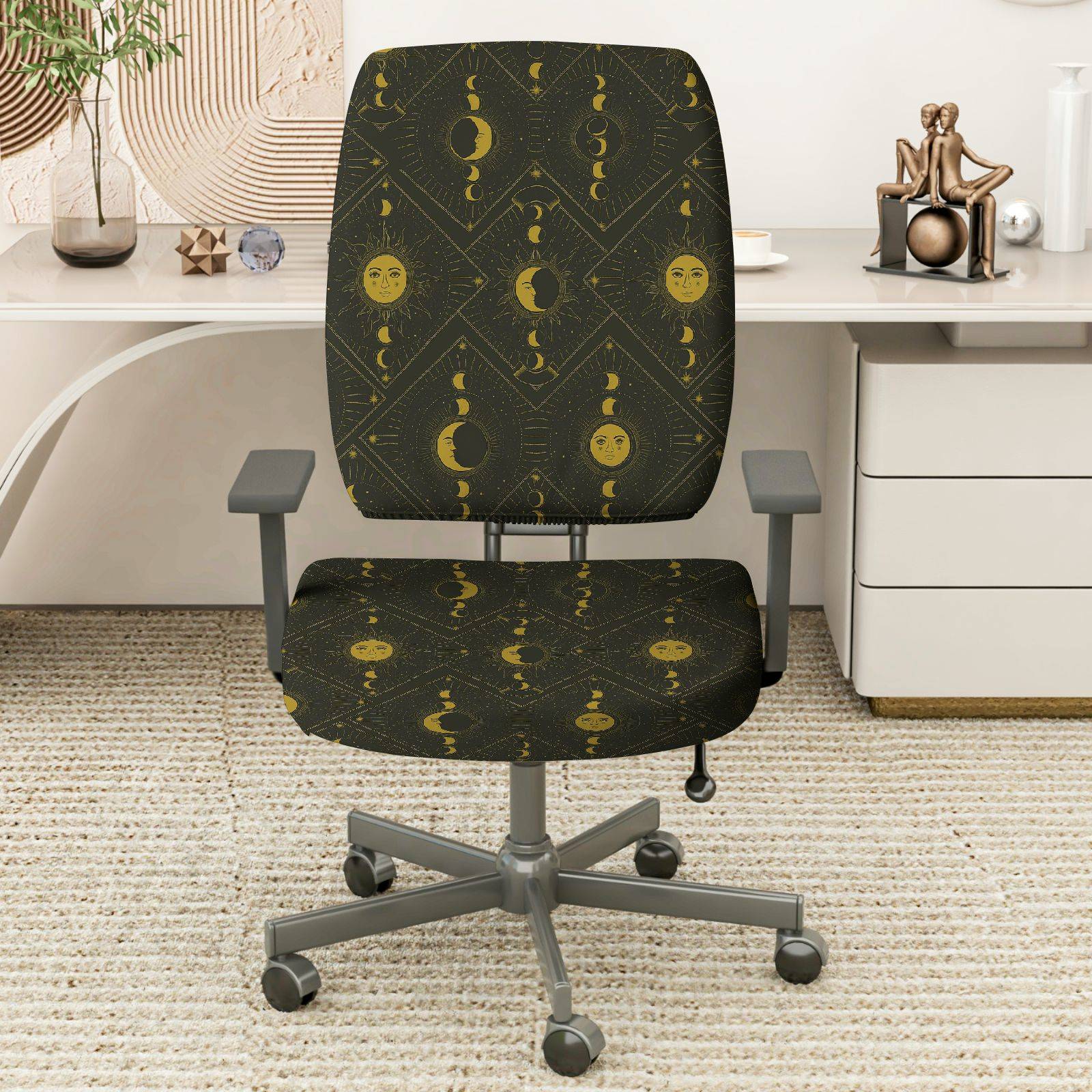 2-Piece Moon Phase Geometric Pattern Yellow Black  Computer Chair Cover Set, Seat and Backrest