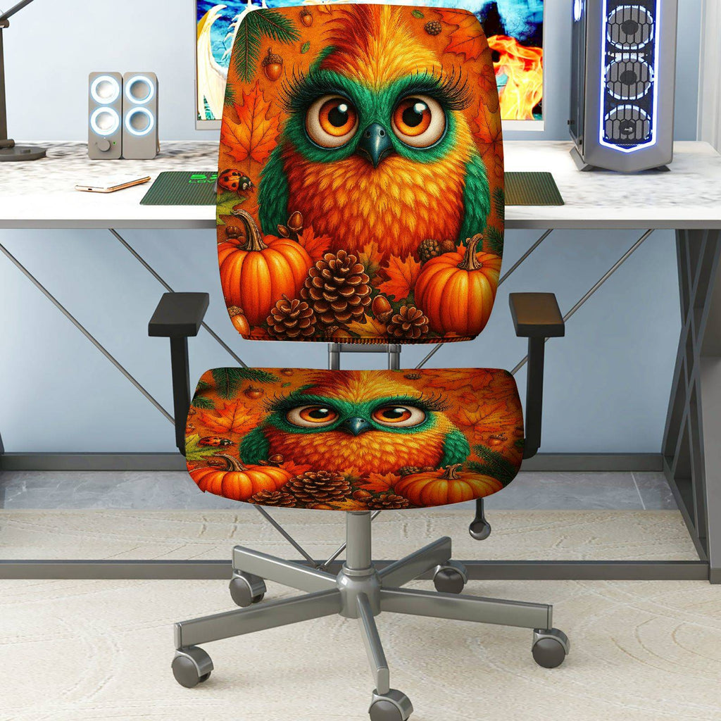 2-Piece Autumn Owl Pumpkin Pinecone Leaf  Computer Chair Cover Set, Seat and Backrest