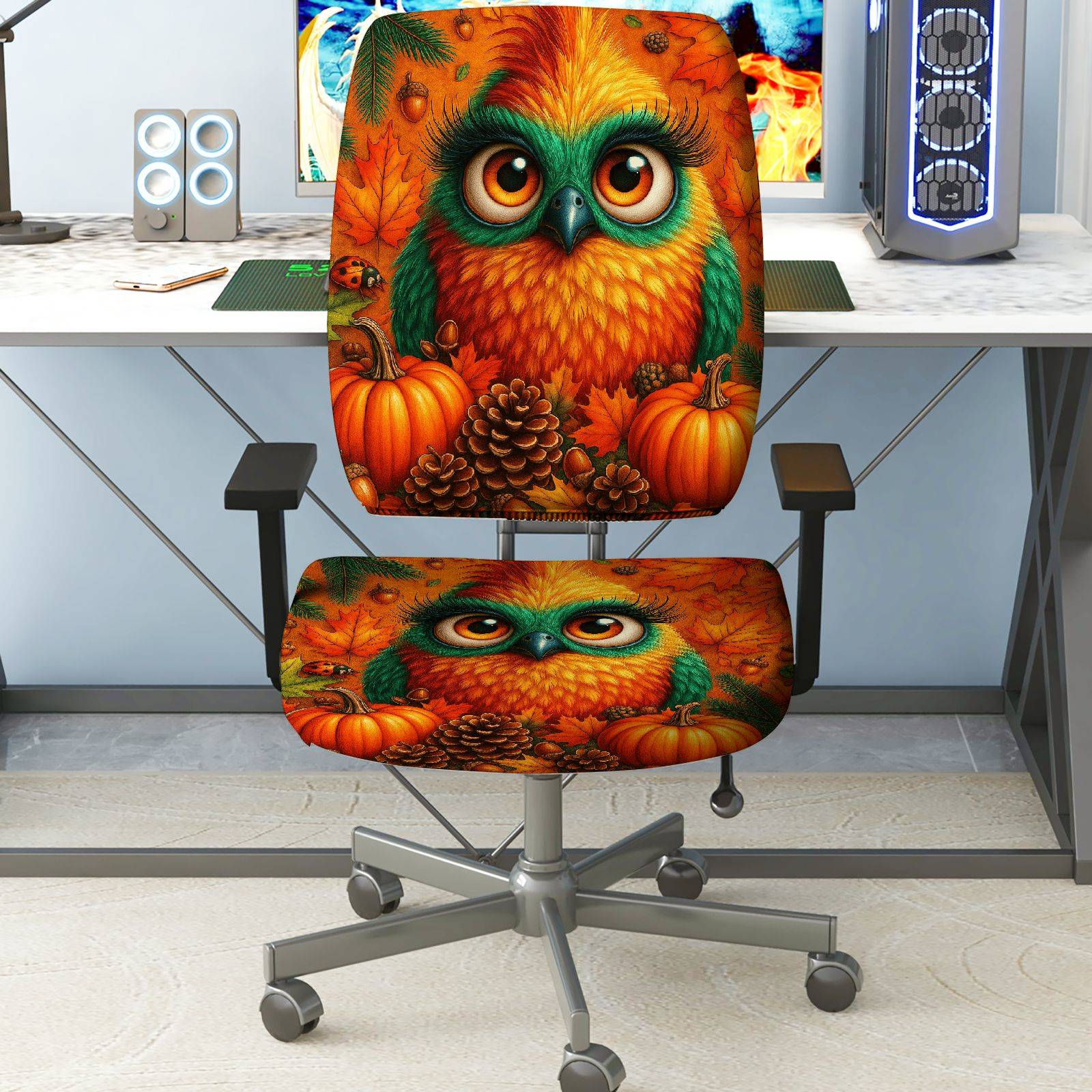 2-Piece Autumn Owl Pumpkin Pinecone Leaf  Computer Chair Cover Set, Seat and Backrest