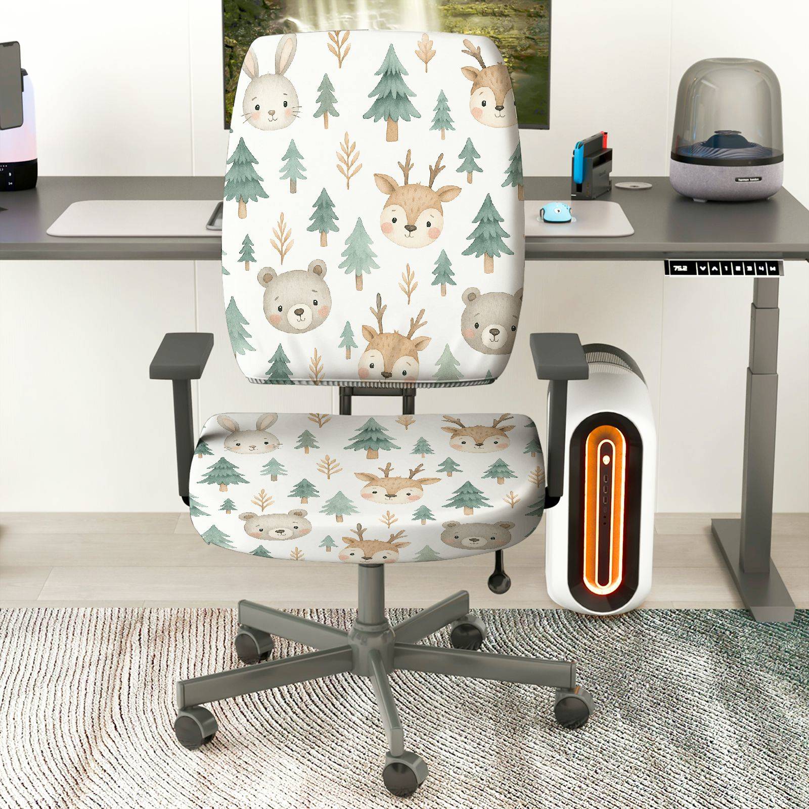 2-Piece Deer Bear Tree Cute Animal Forest  Computer Chair Cover Set, Seat and Backrest